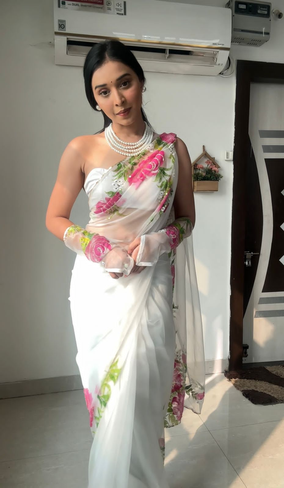 Ready To Wear Digital Printed White Color Saree