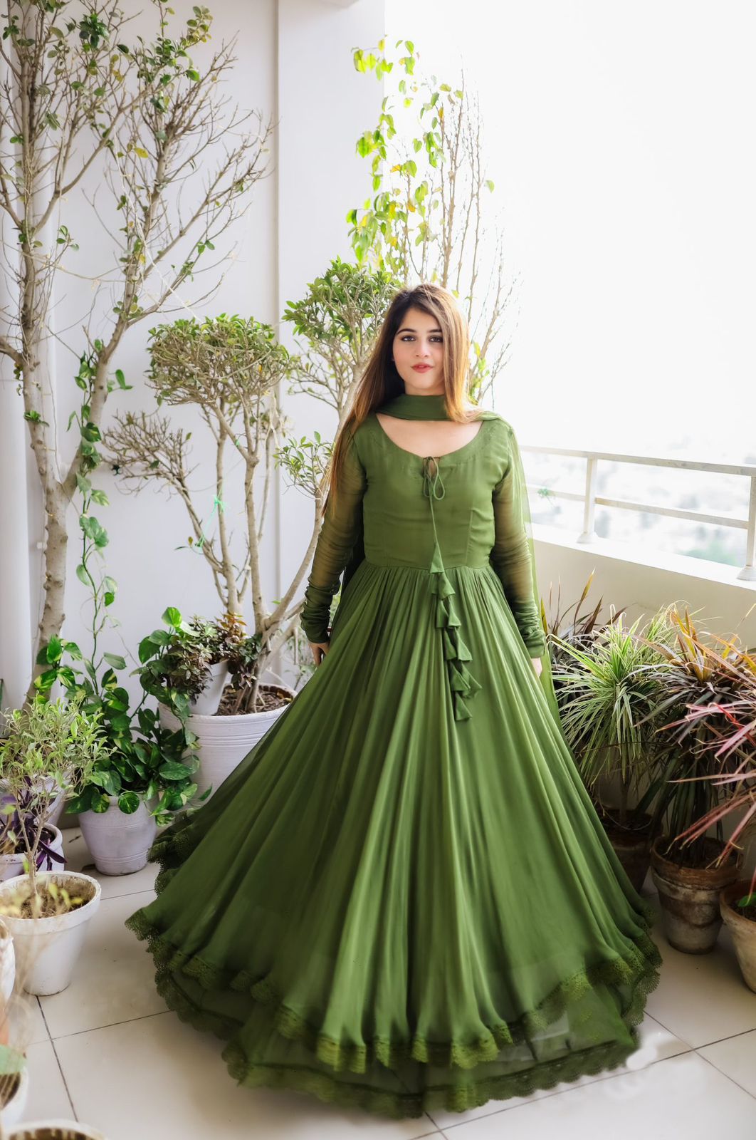 Festive Wear Beautiful Mehendi Color Gown With Dupatta  Vastra Shop