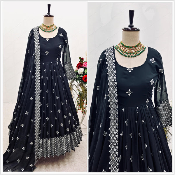 Terrific Thread Sequence Work Black Color Gown