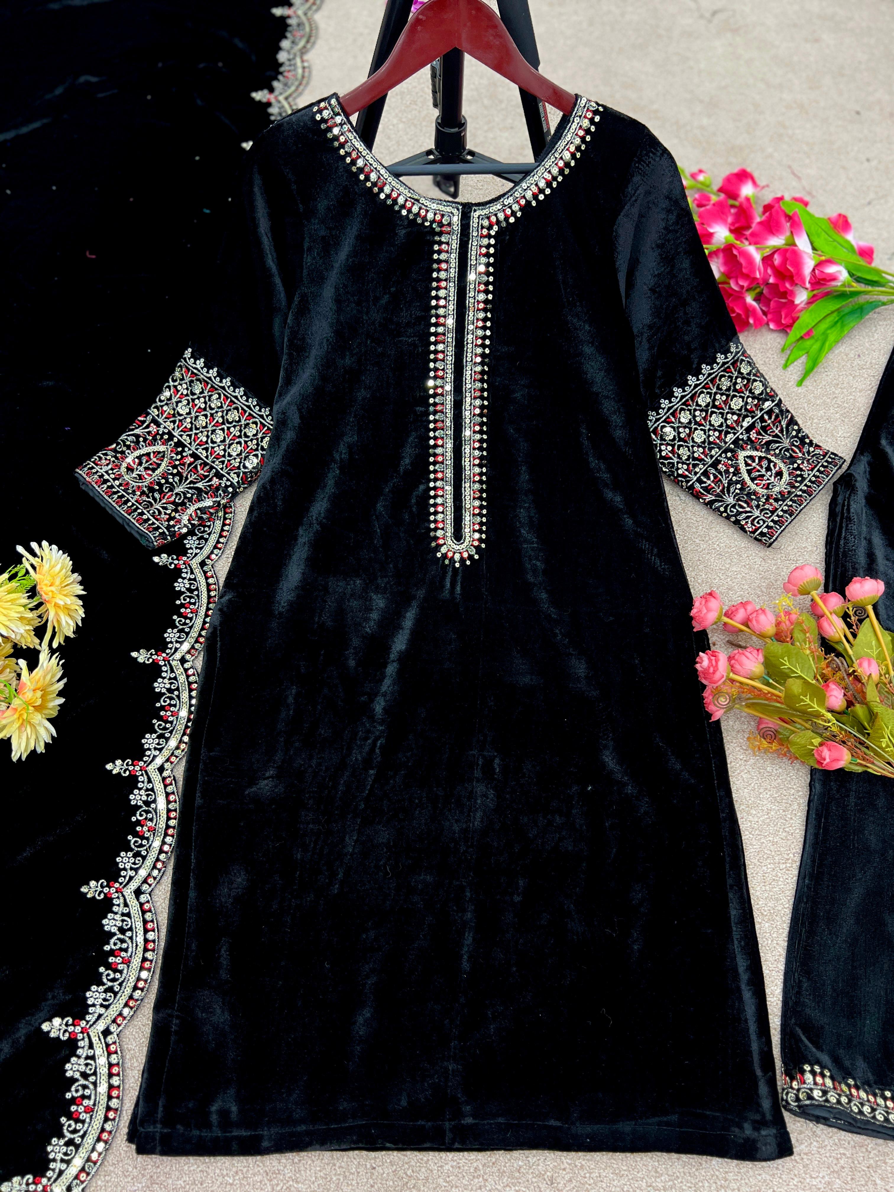 Outstanding Velvet Black Color Thread Work Salwar Suit