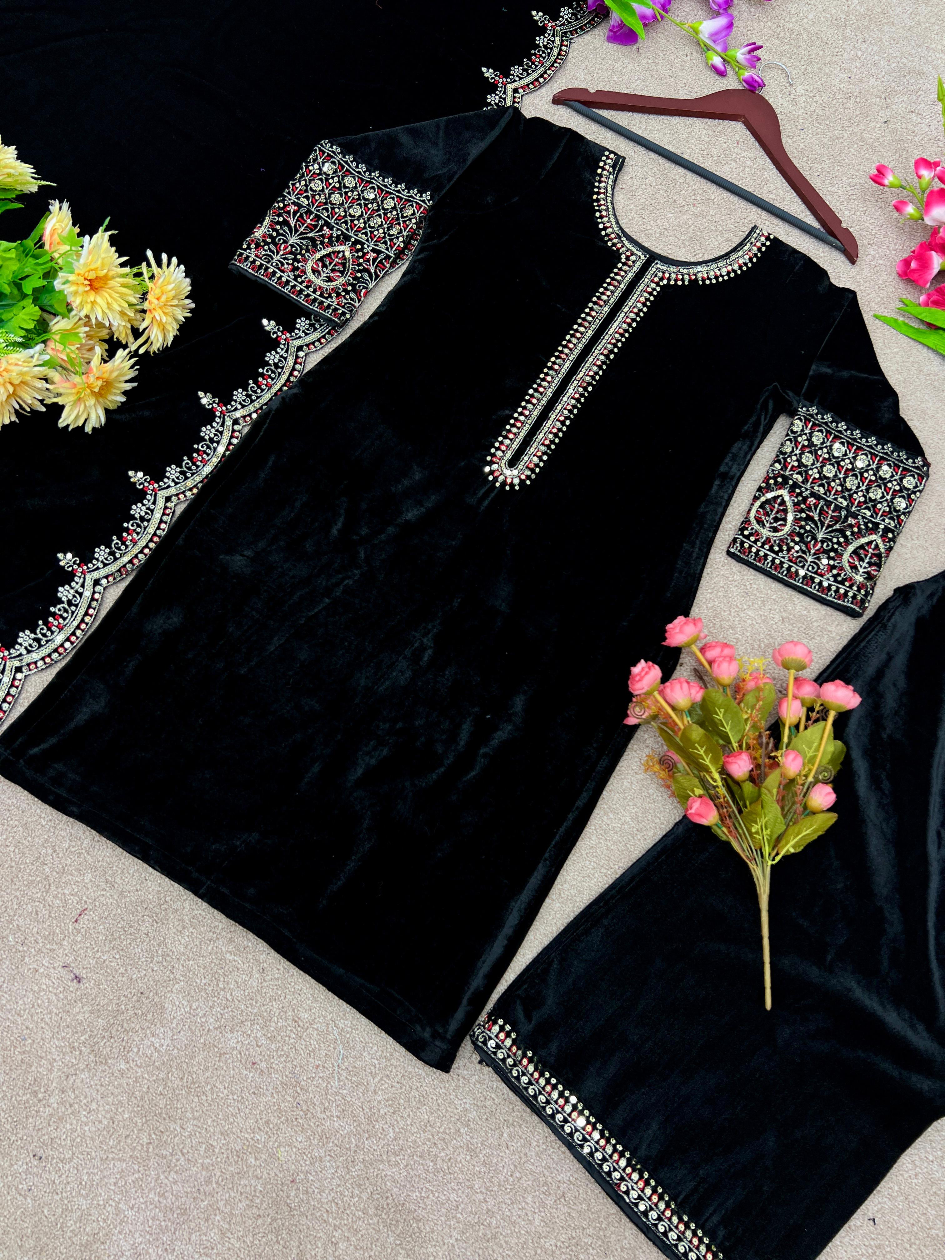 Outstanding Velvet Black Color Thread Work Salwar Suit