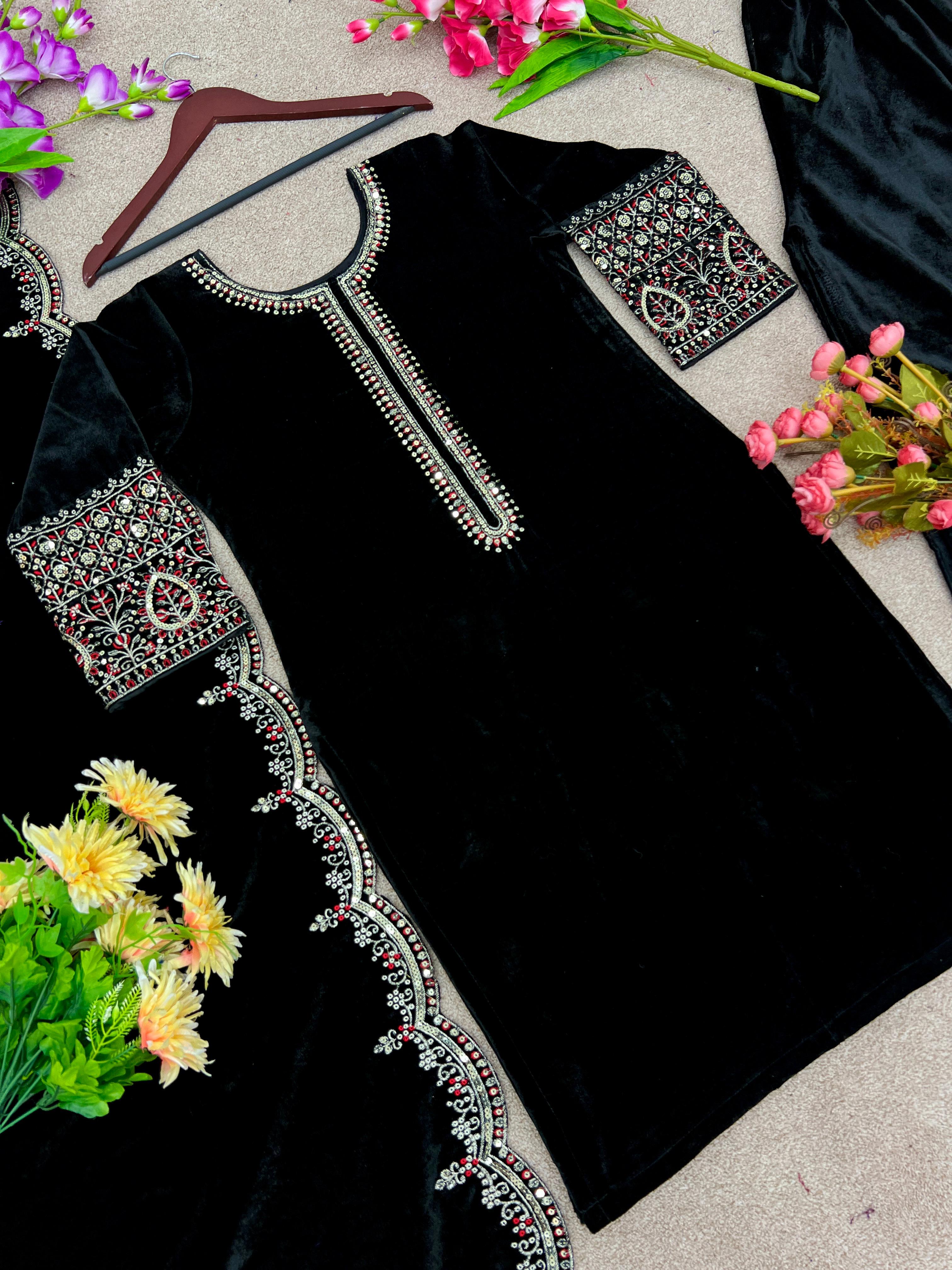 Outstanding Velvet Black Color Thread Work Salwar Suit