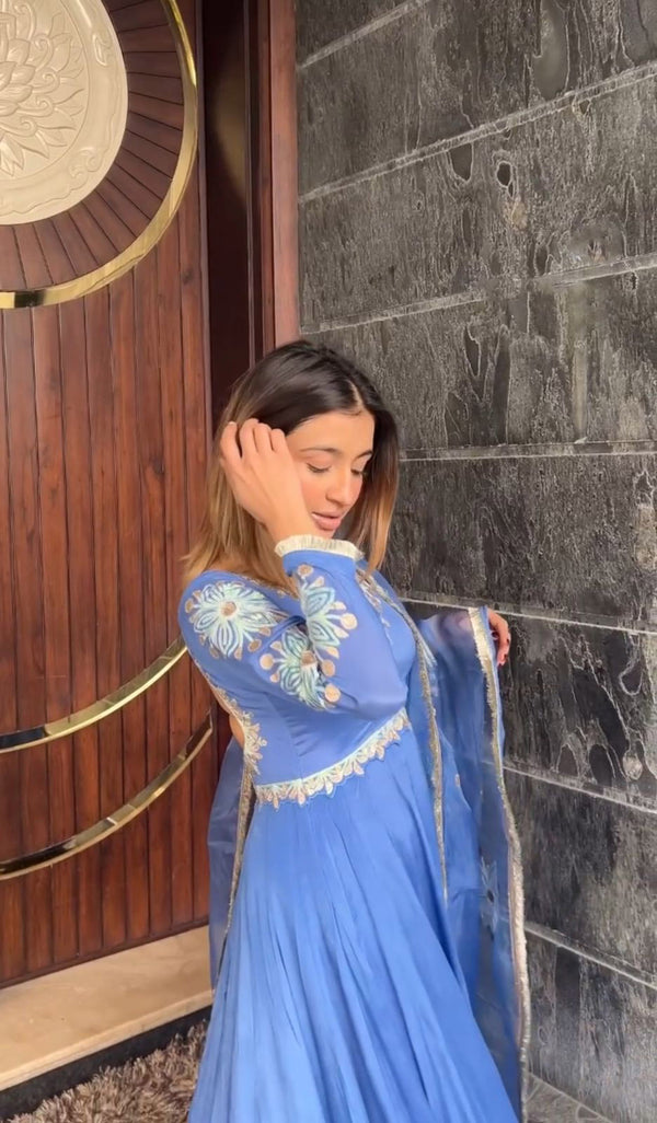 Fantastic Embroidery Work Sky Blue Anarkali Suit