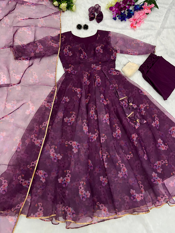 Admiring Wine Color Flower Printed Anarkali Suit