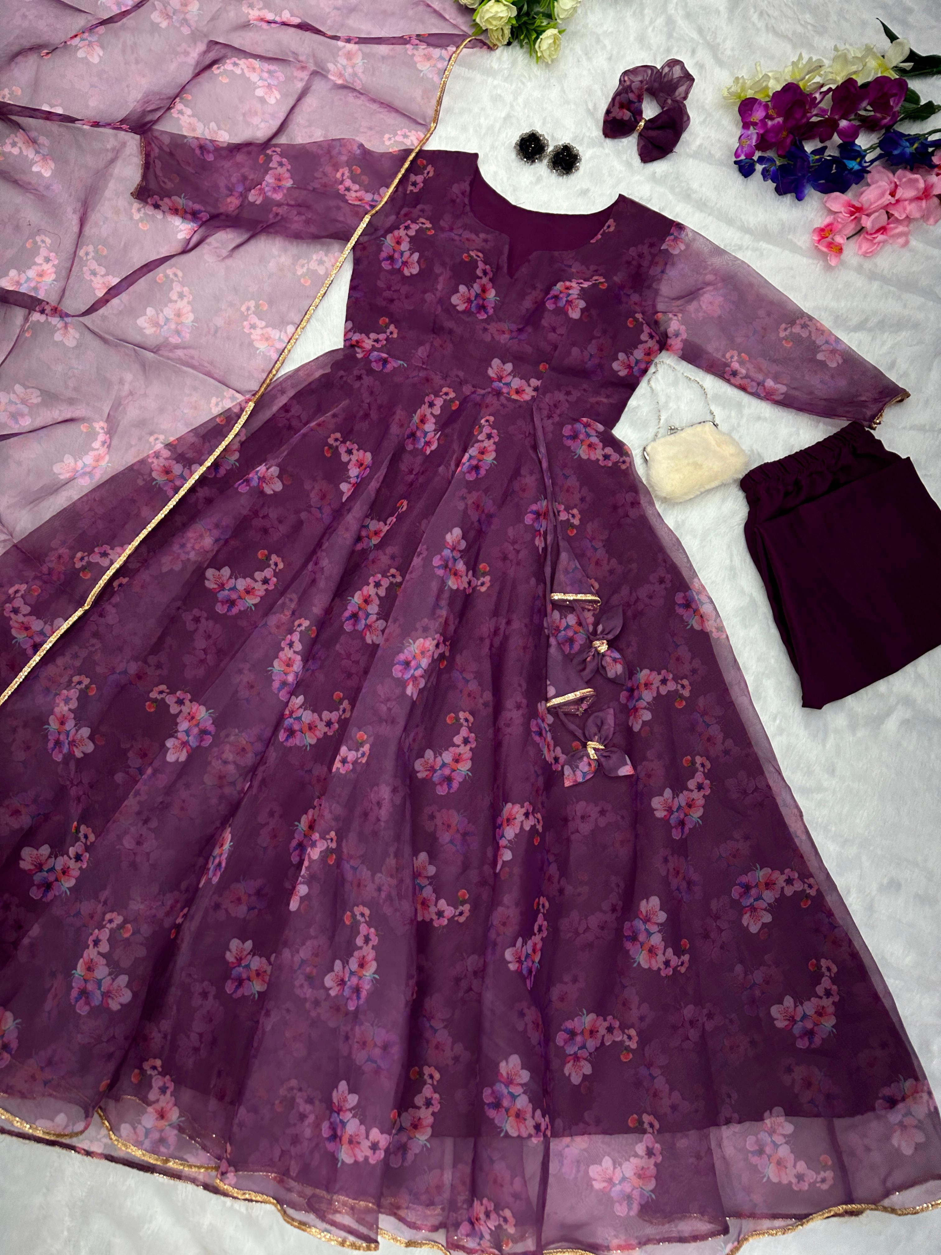 Admiring Wine Color Flower Printed Anarkali Suit