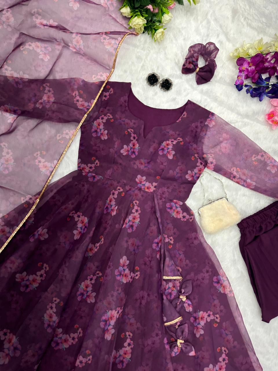 Admiring Wine Color Flower Printed Anarkali Suit