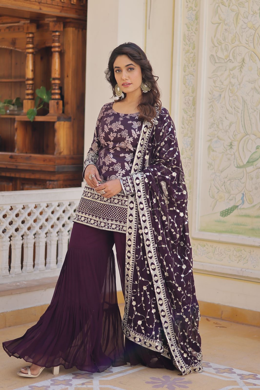 Jacquard Design With Work Wine Color Sharara Suit