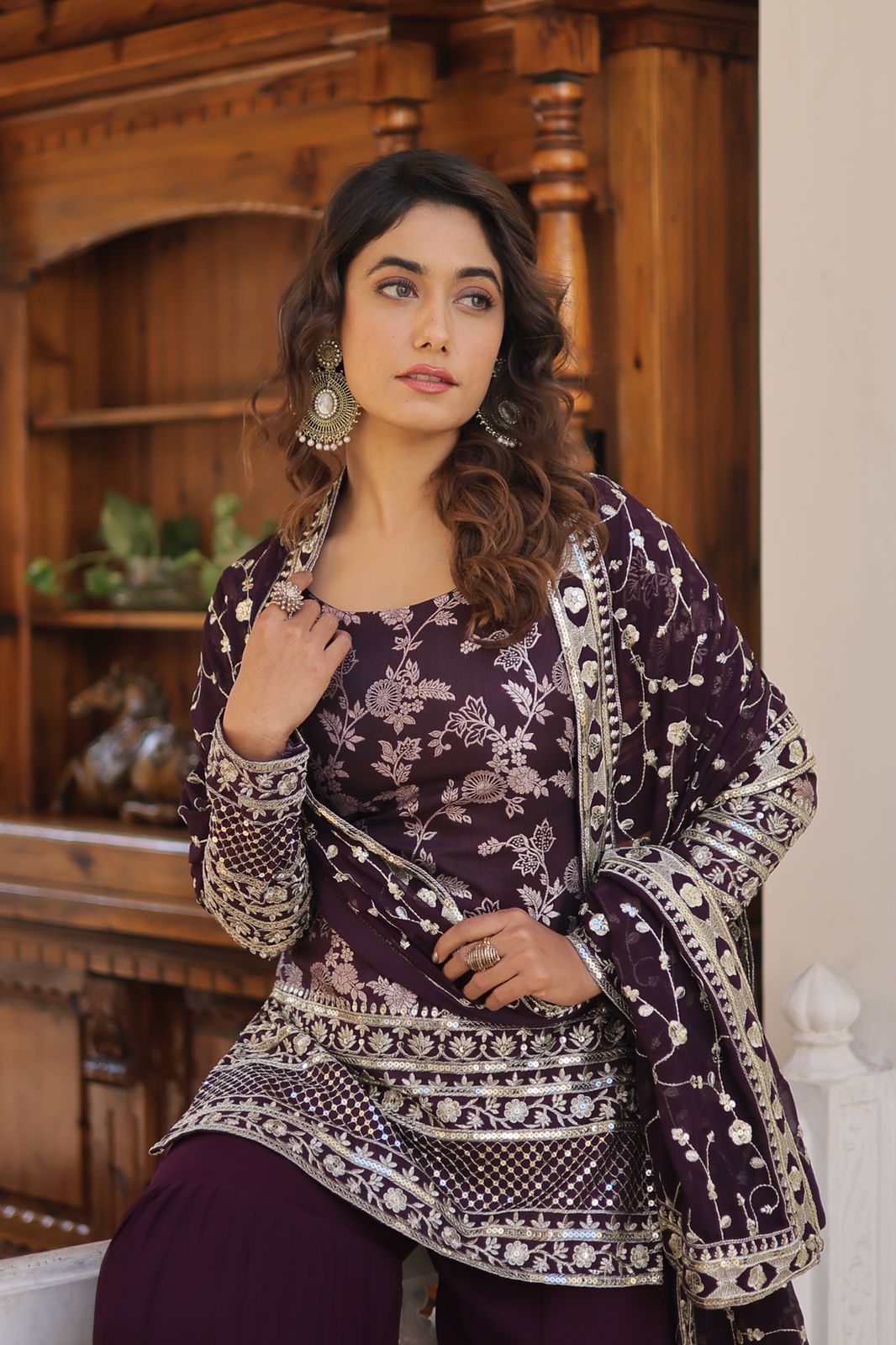 Jacquard Design With Work Wine Color Sharara Suit