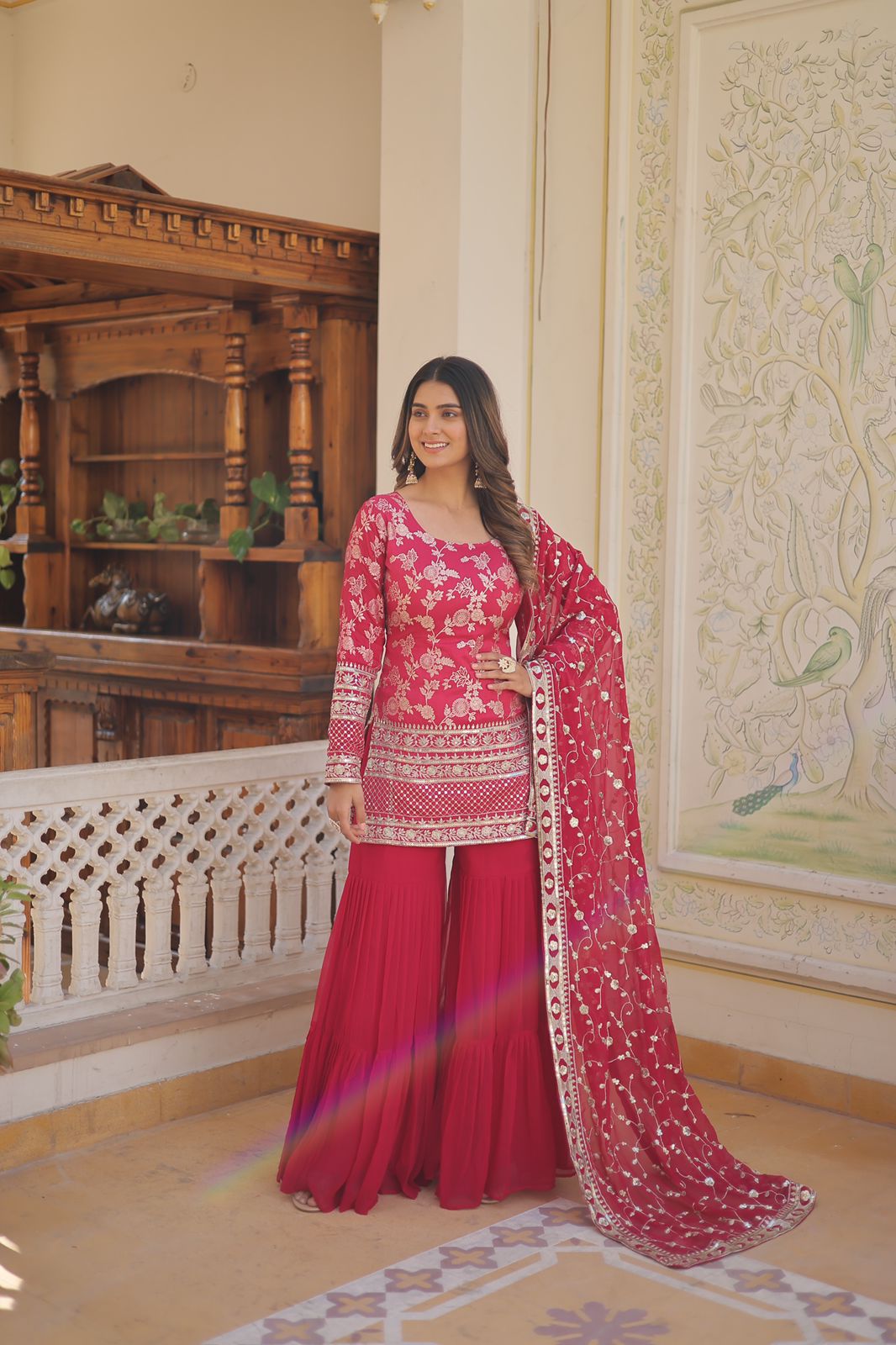 Jacquard Design With Work Pink Color Sharara Suit