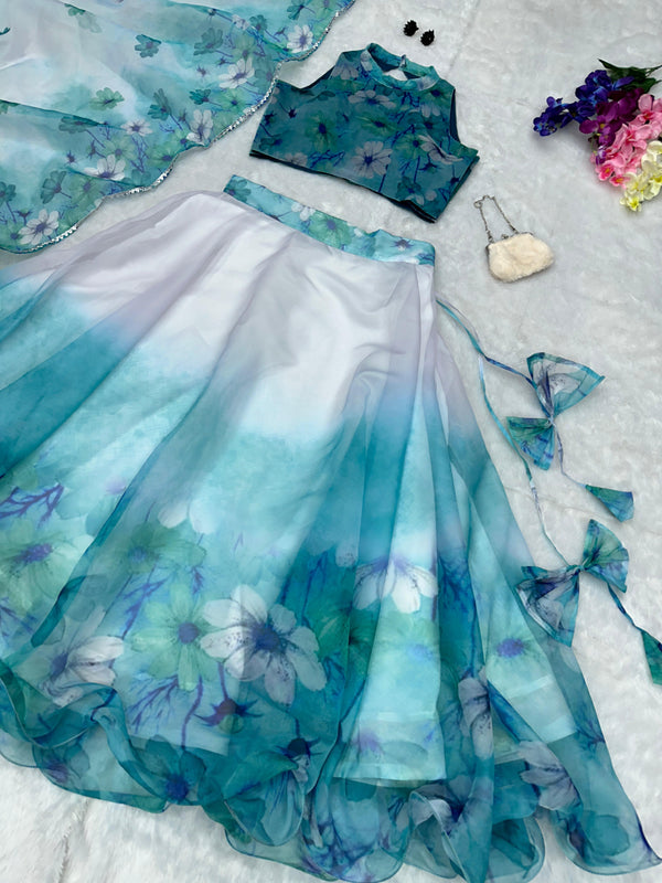 Pretty White With Sky Blue Organza Silk Lehenga Choli