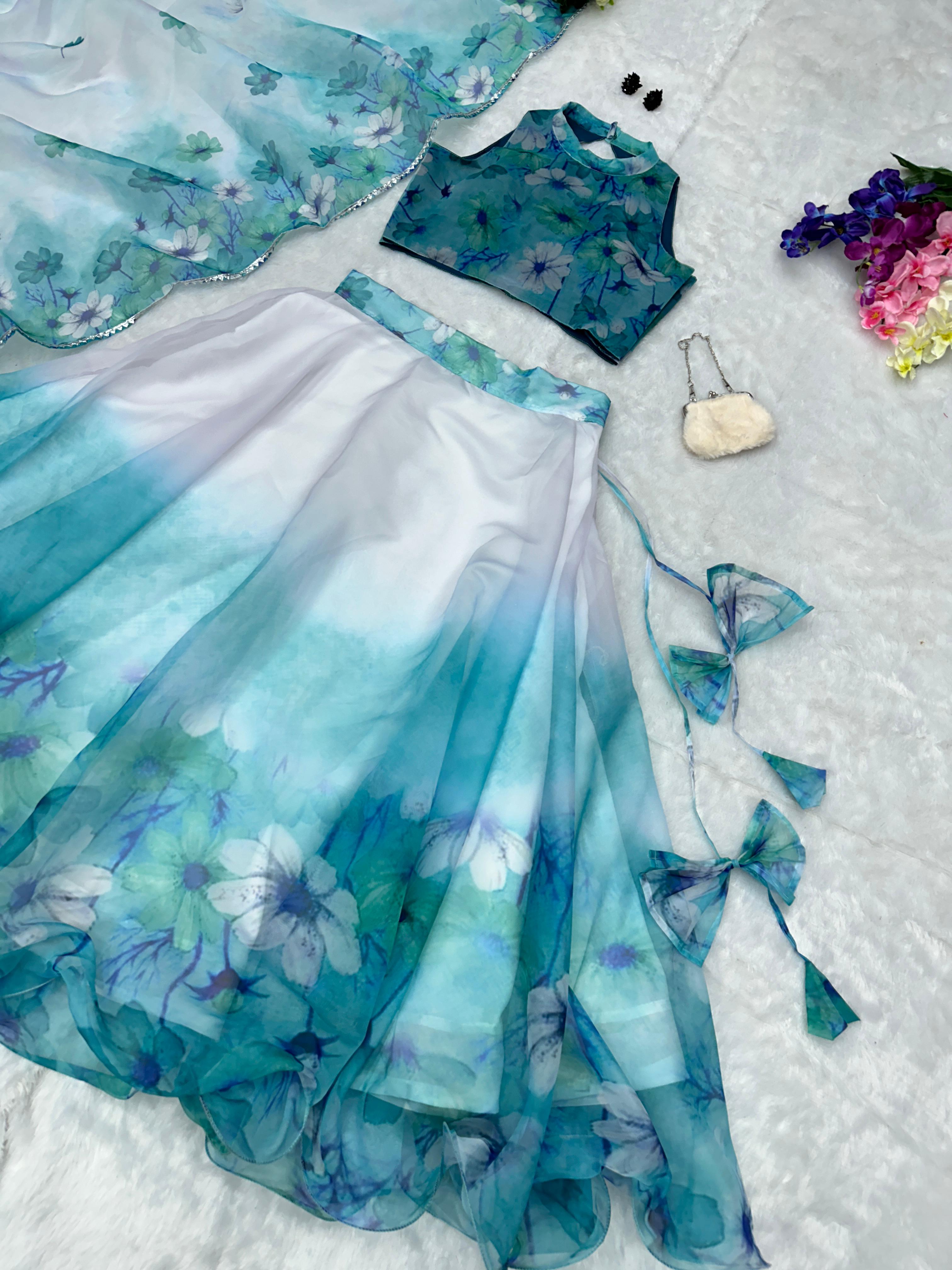 Pretty White With Sky Blue Organza Silk Lehenga Choli