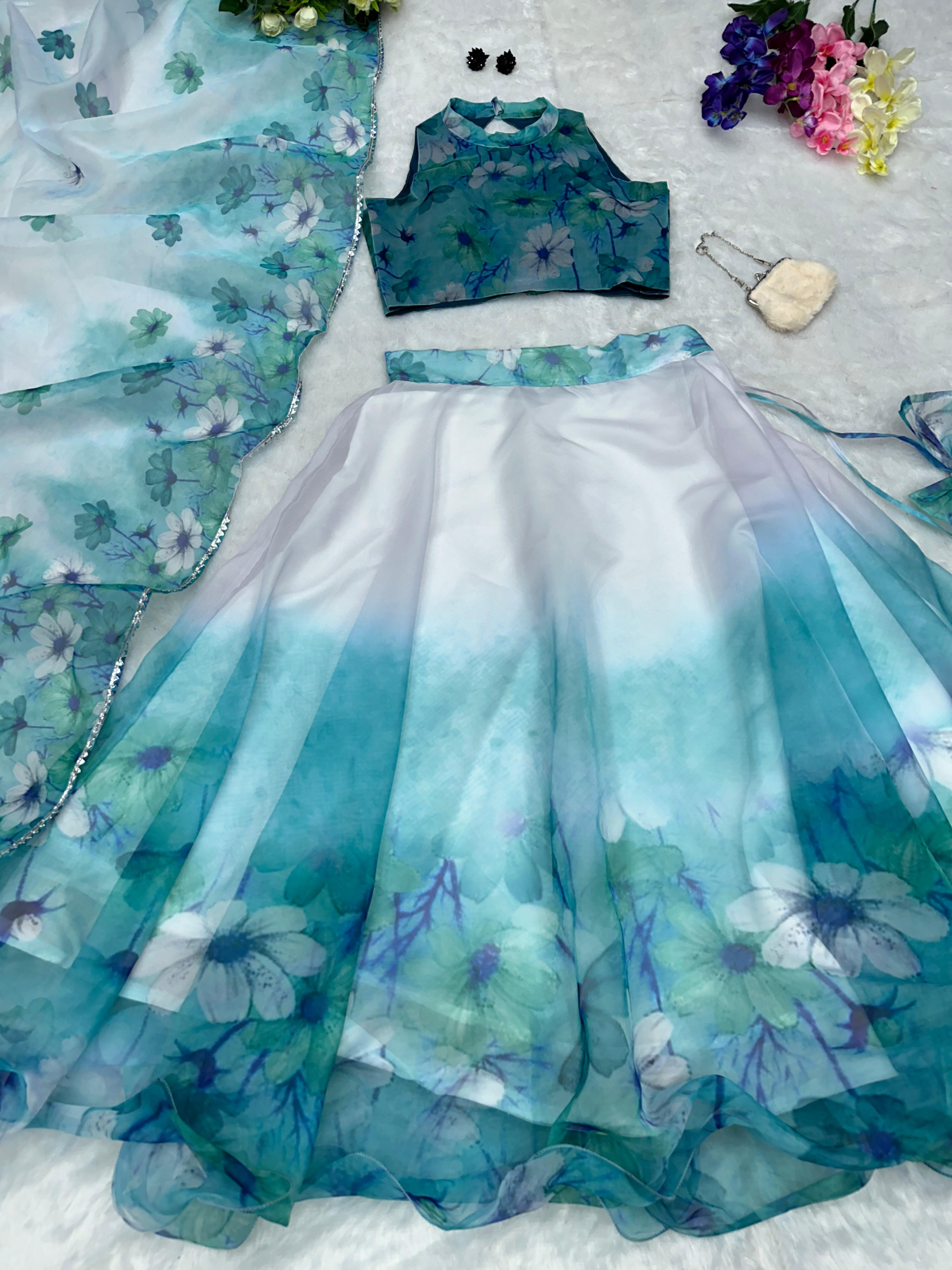 Pretty White With Sky Blue Organza Silk Lehenga Choli