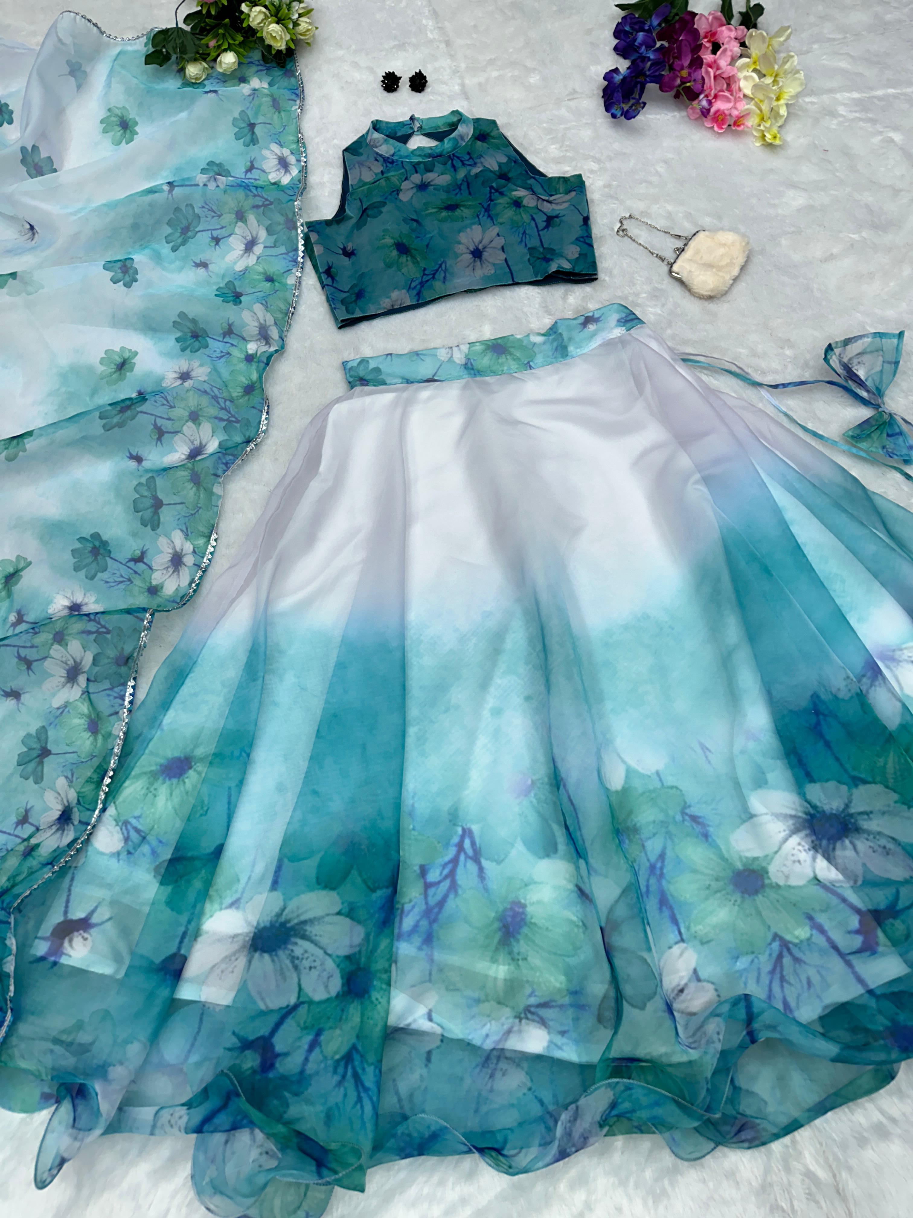 Pretty White With Sky Blue Organza Silk Lehenga Choli