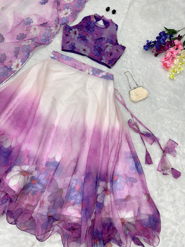 Pretty White With Purple Organza Silk Lehenga Choli