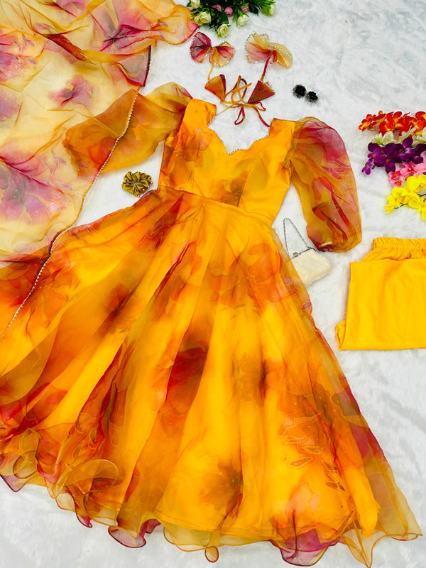 Digital Printed Organza Mustard Color Anarkali Suit