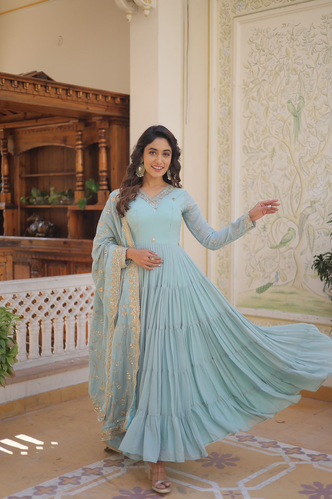 Luxuriant Ruffle Sky Blue Gown With Work Dupatta