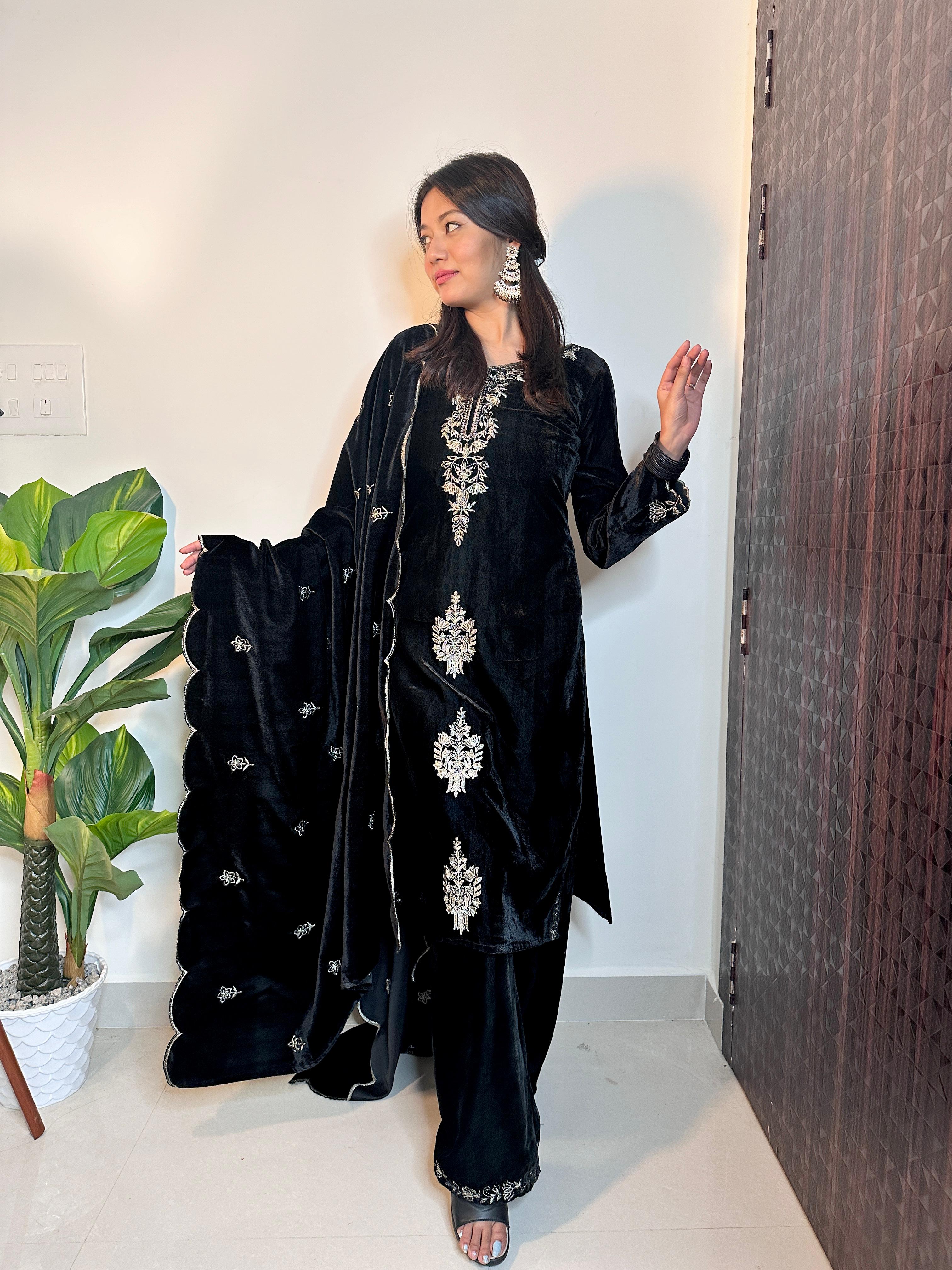 Imposing Velvet Thread Work Black Color Palazzo Suit