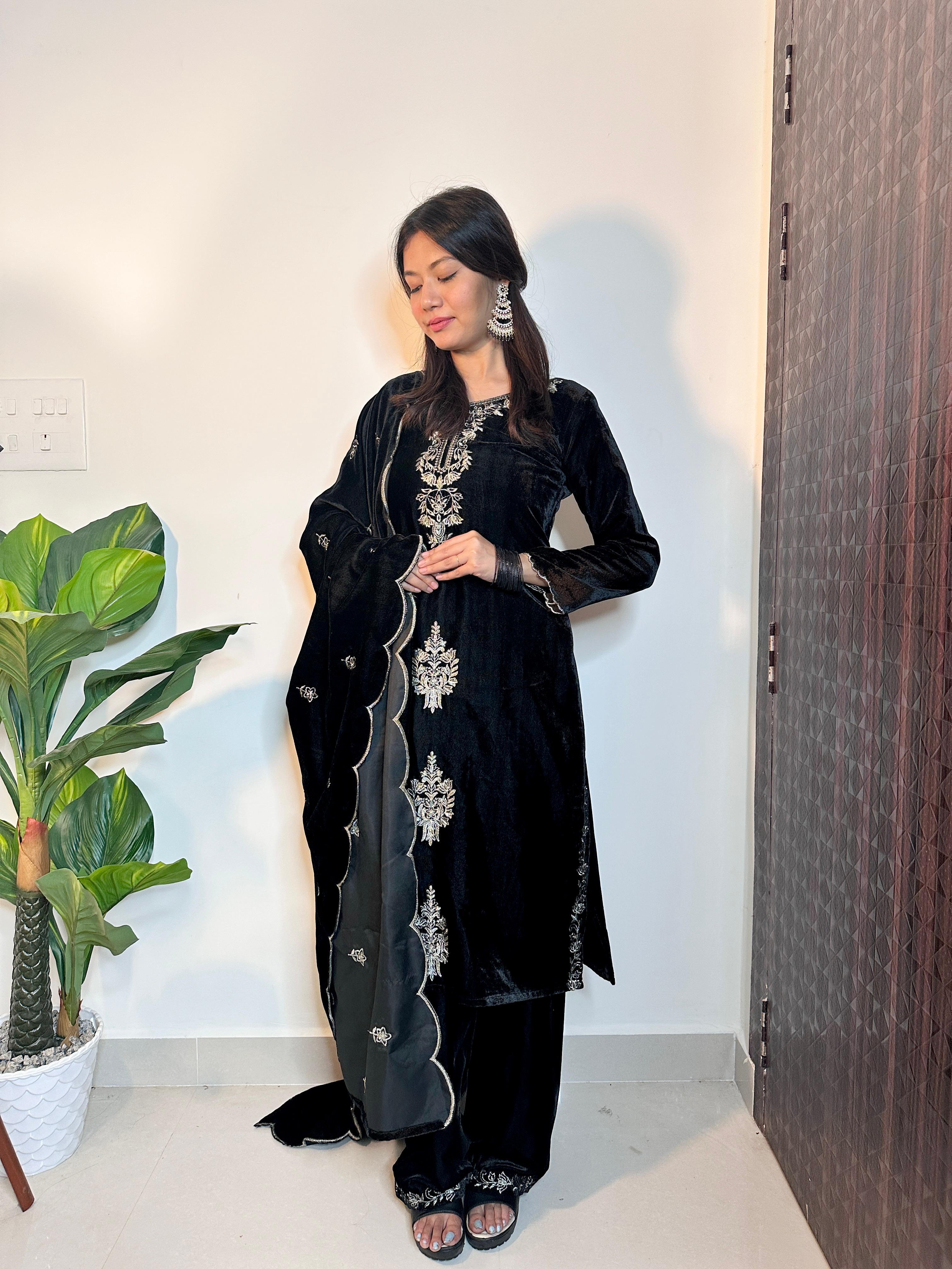 Imposing Velvet Thread Work Black Color Palazzo Suit