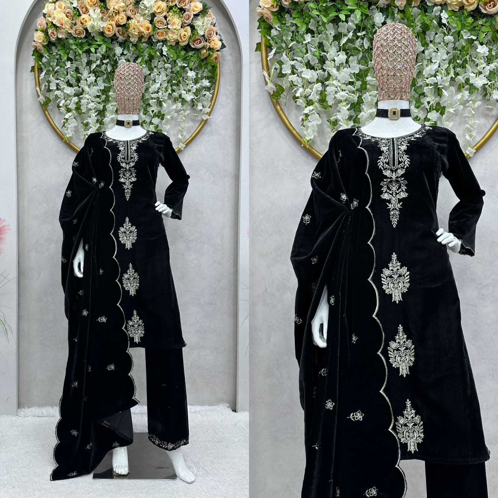 Imposing Velvet Thread Work Black Color Palazzo Suit