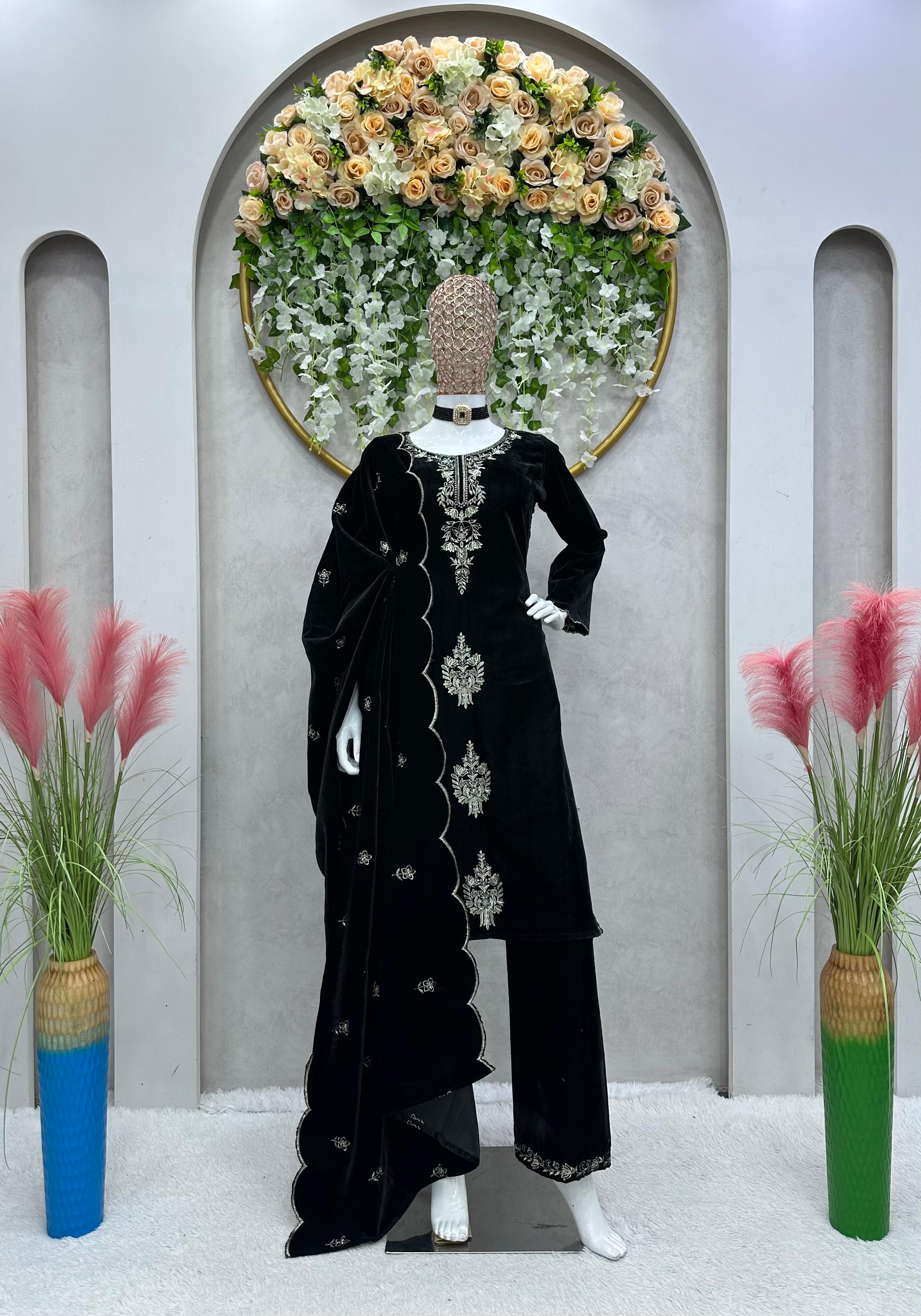 Imposing Velvet Thread Work Black Color Palazzo Suit