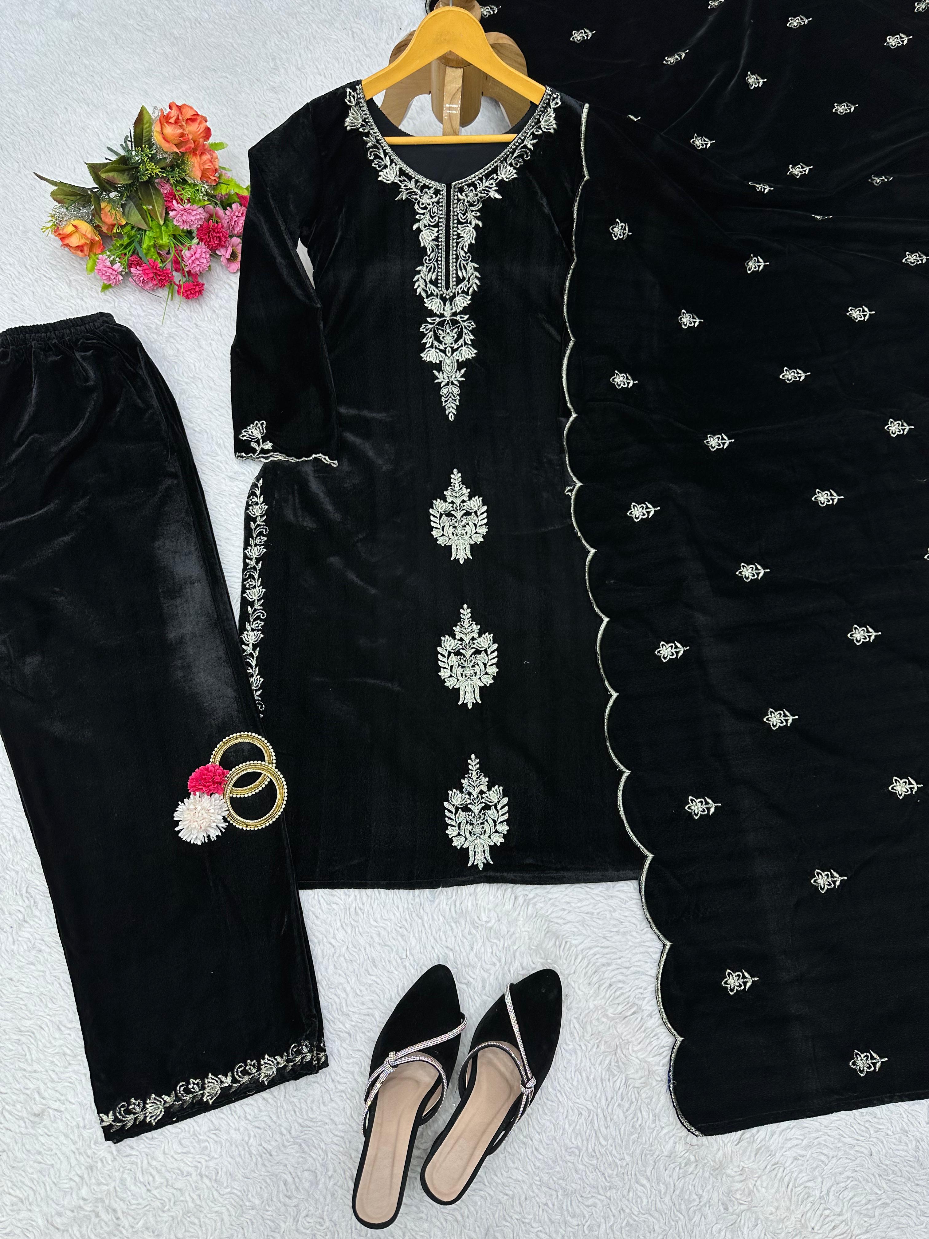 Imposing Velvet Thread Work Black Color Palazzo Suit