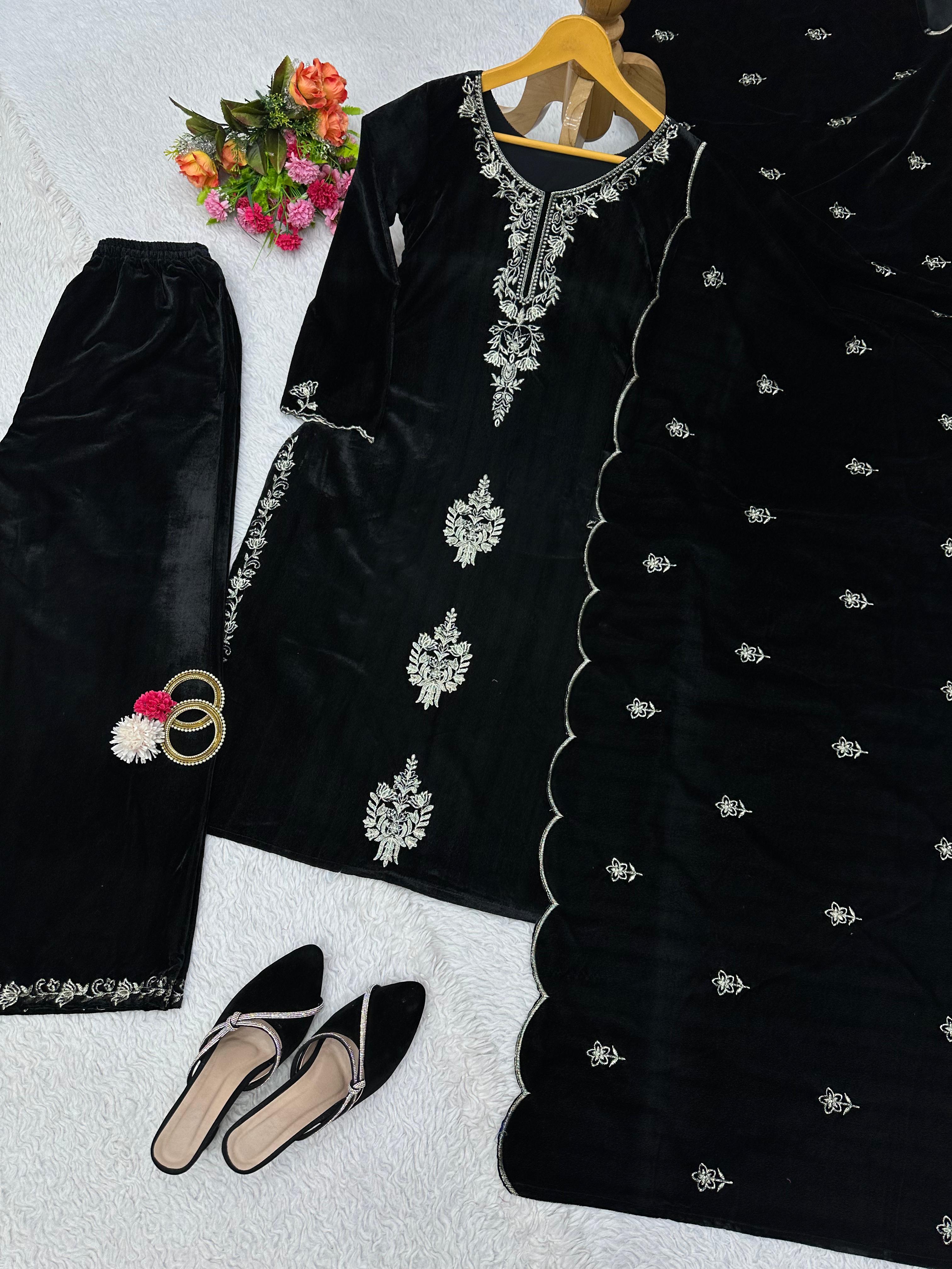 Imposing Velvet Thread Work Black Color Palazzo Suit