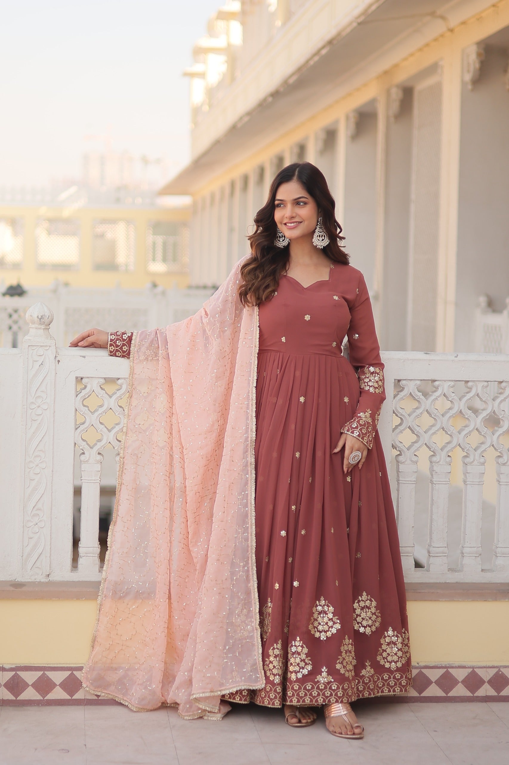 Elegant Chocolate Color Zari Thread Sequence Work Gown