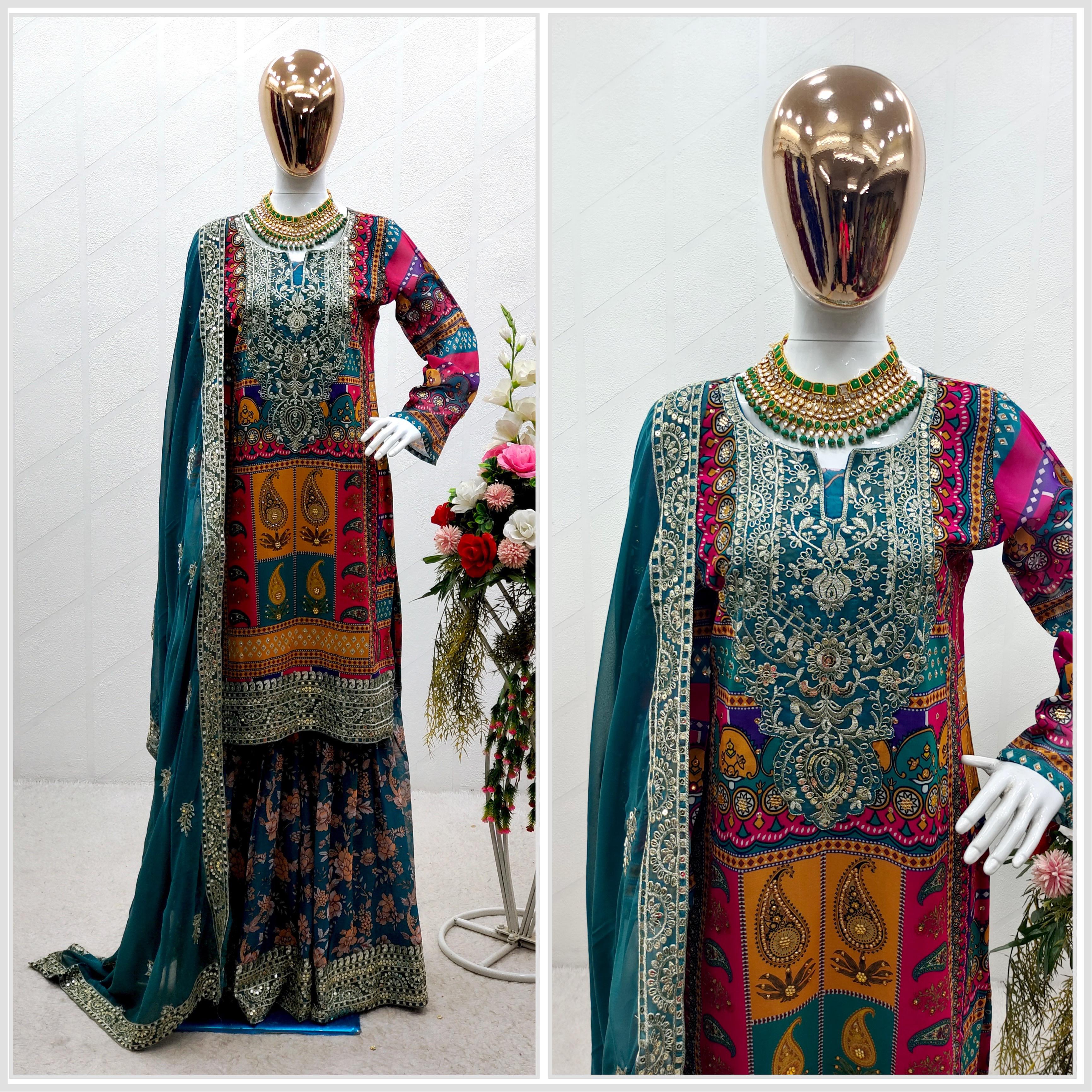 Multi Color Digital Print And Work Sharara Suit