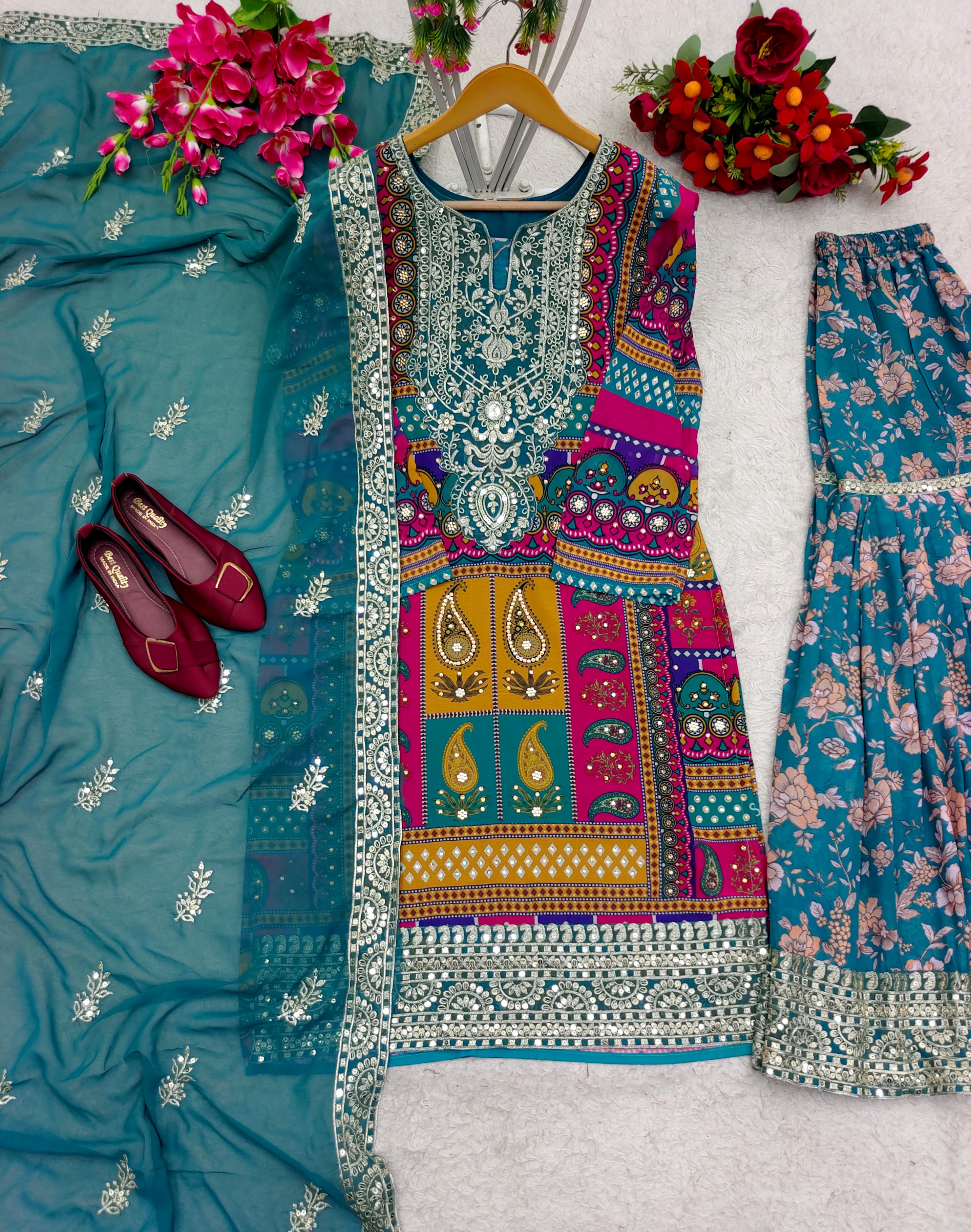 Multi Color Digital Print And Work Sharara Suit