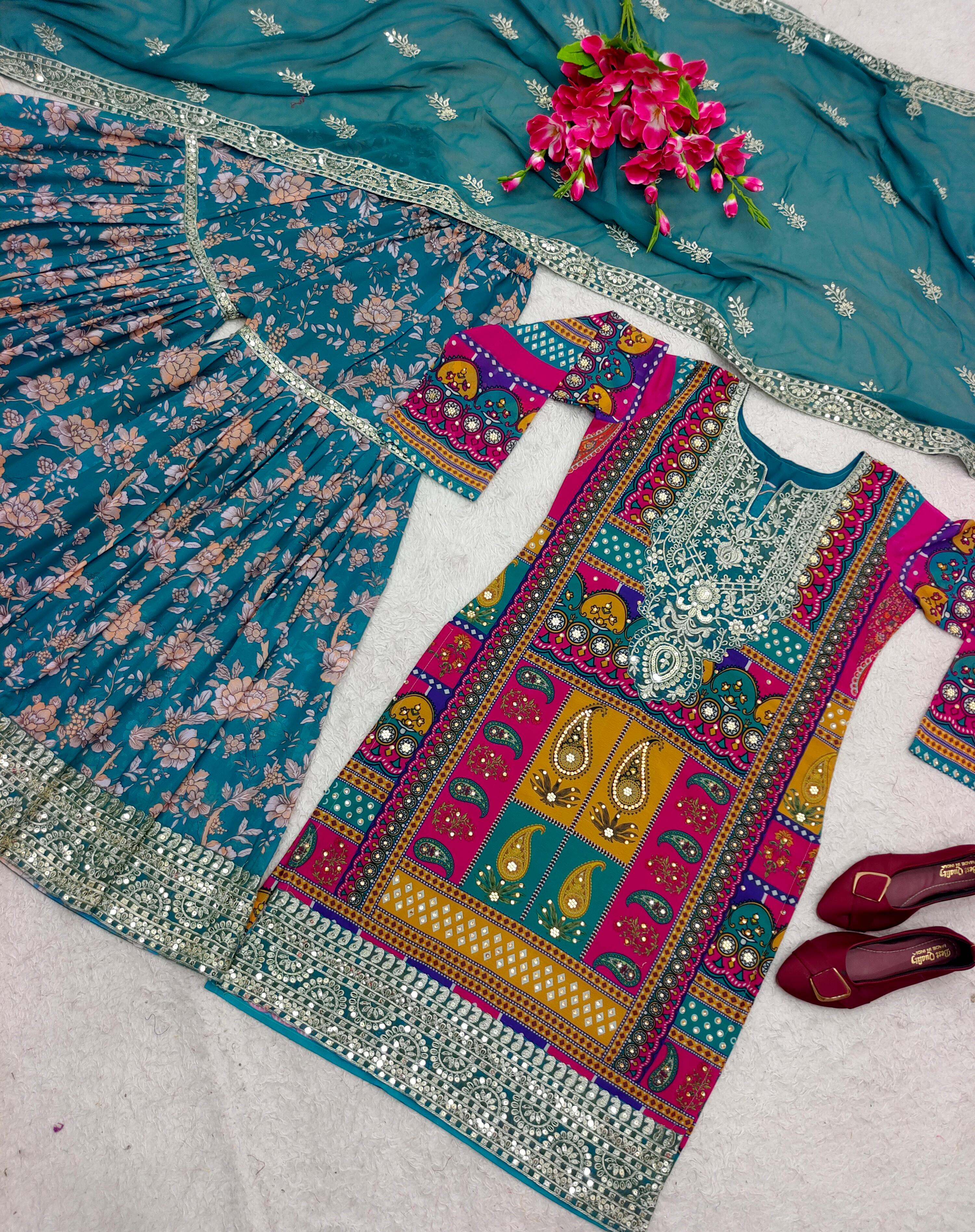 Multi Color Digital Print And Work Sharara Suit