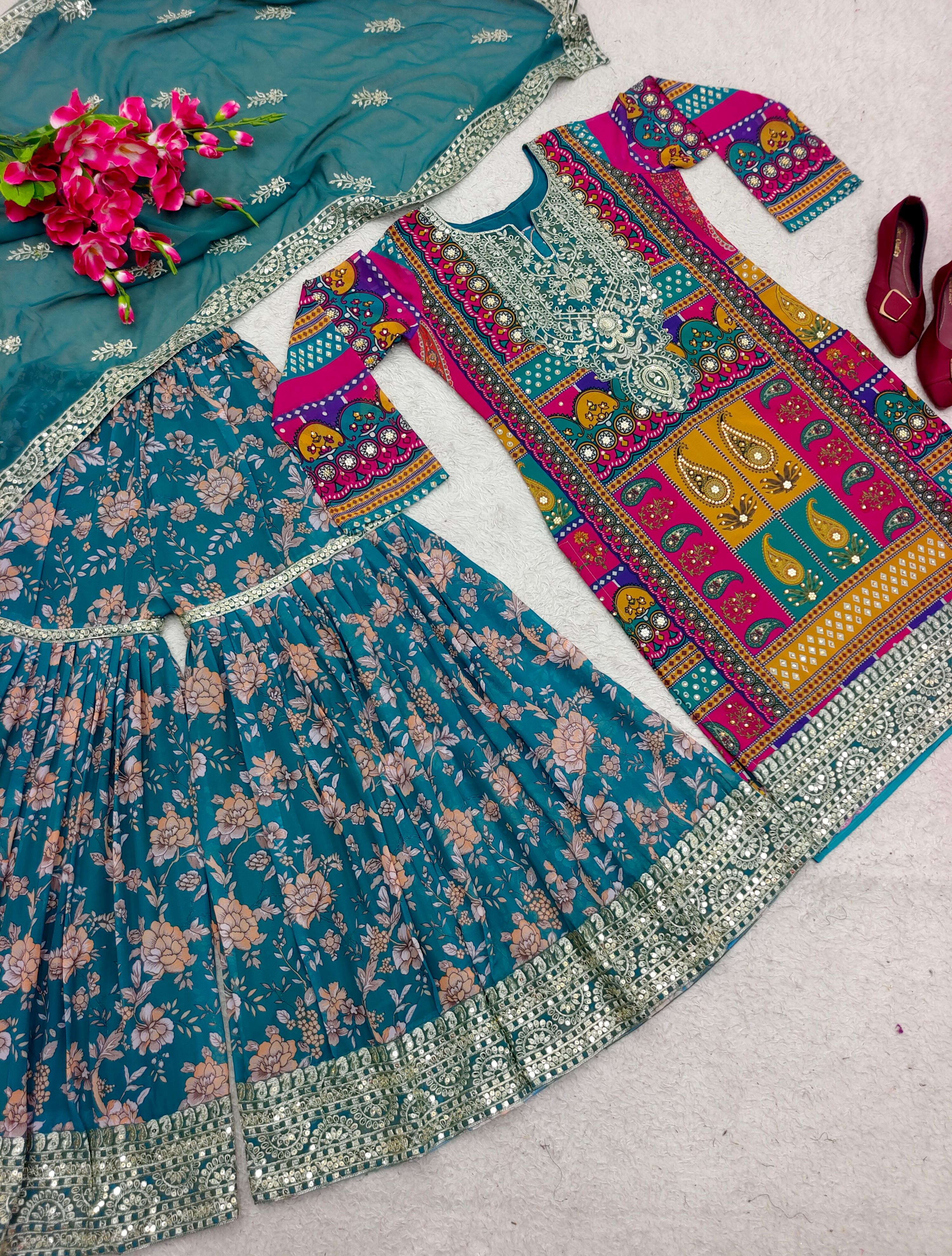 Multi Color Digital Print And Work Sharara Suit