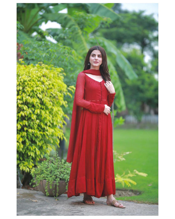 Innovative Plain Red Color Slit Cut Anarkali Suit