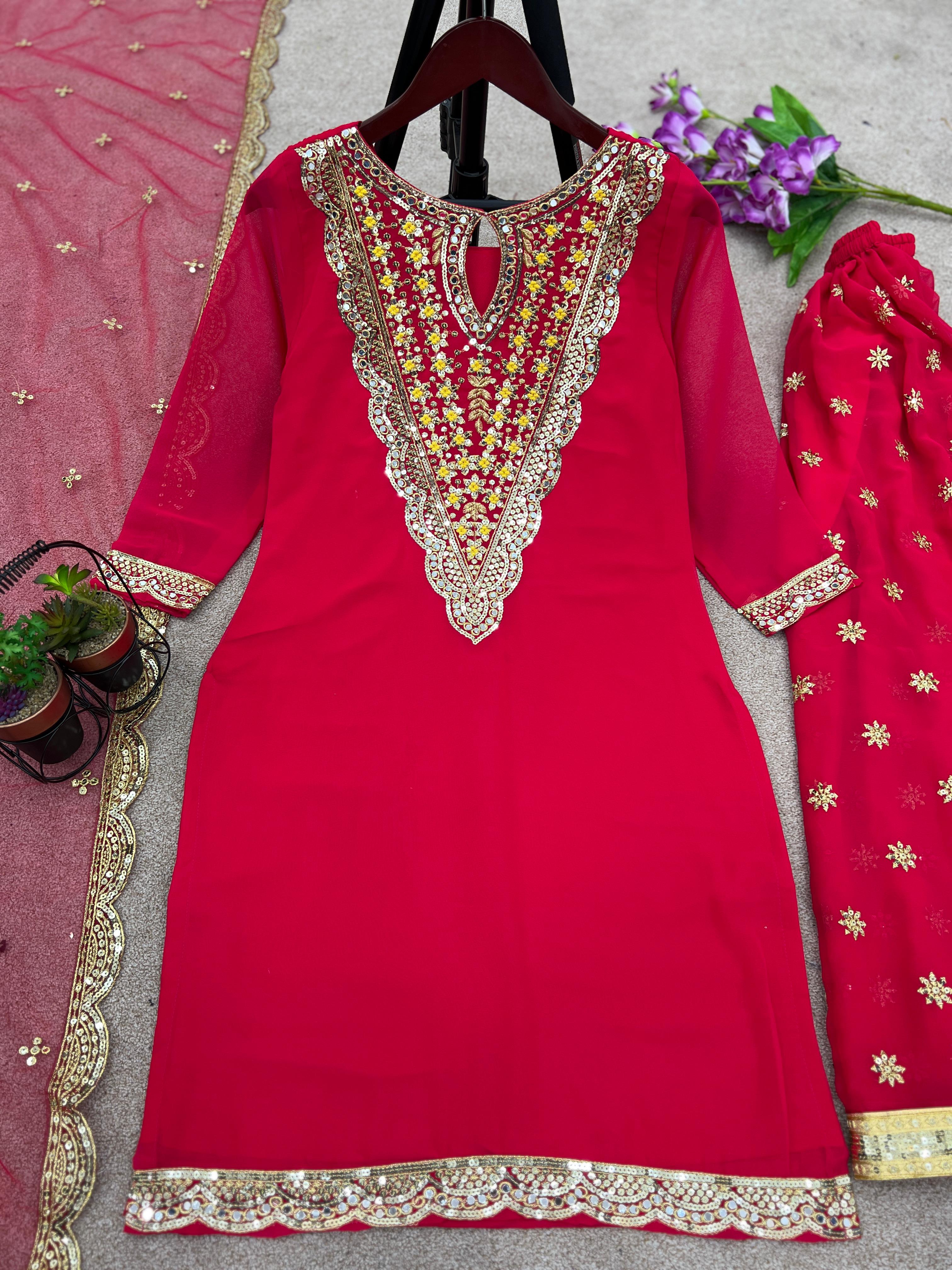 Fantastic Dark Pink Color Embroidery Work Sharara Suit