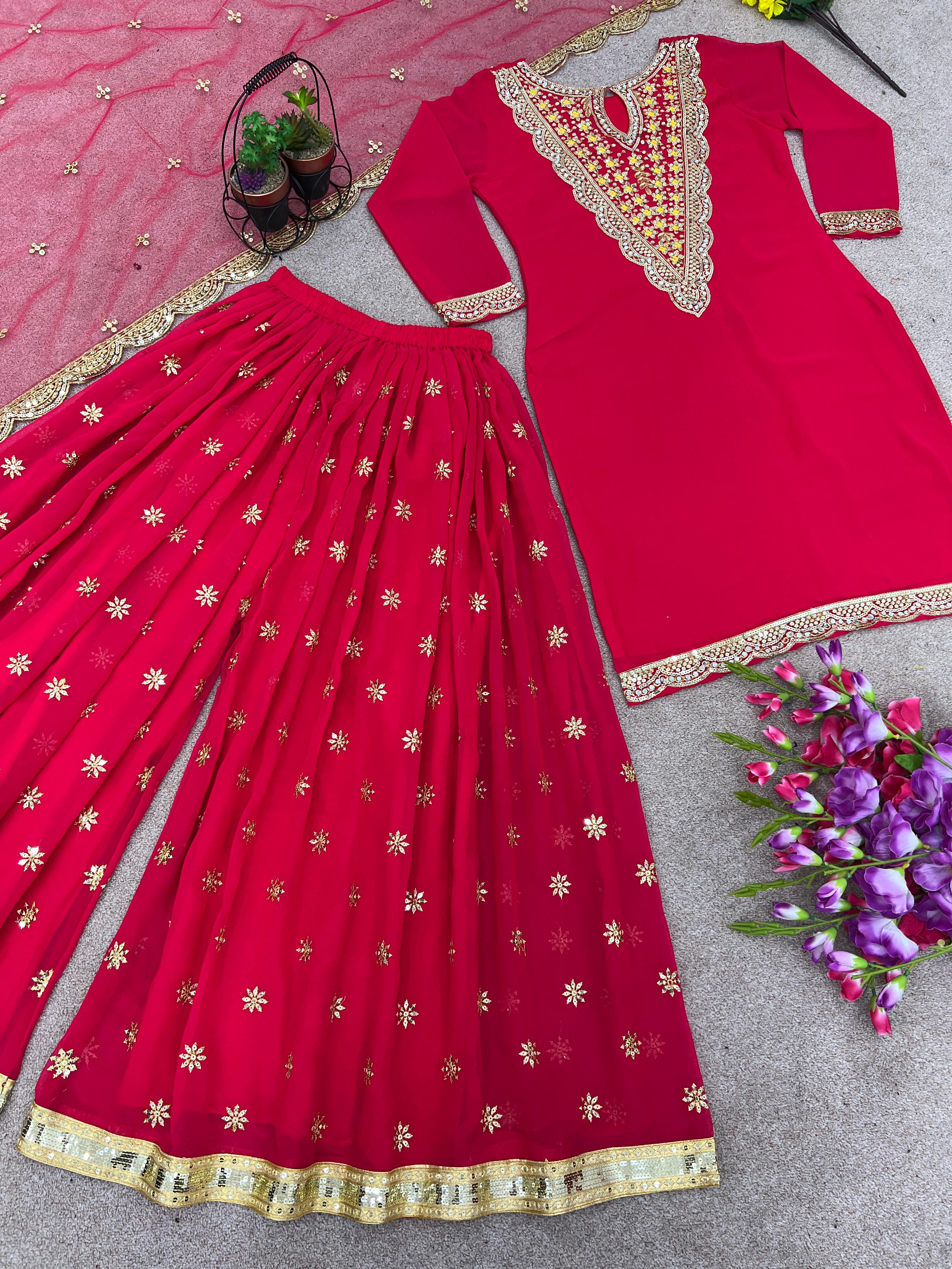 Fantastic Dark Pink Color Embroidery Work Sharara Suit