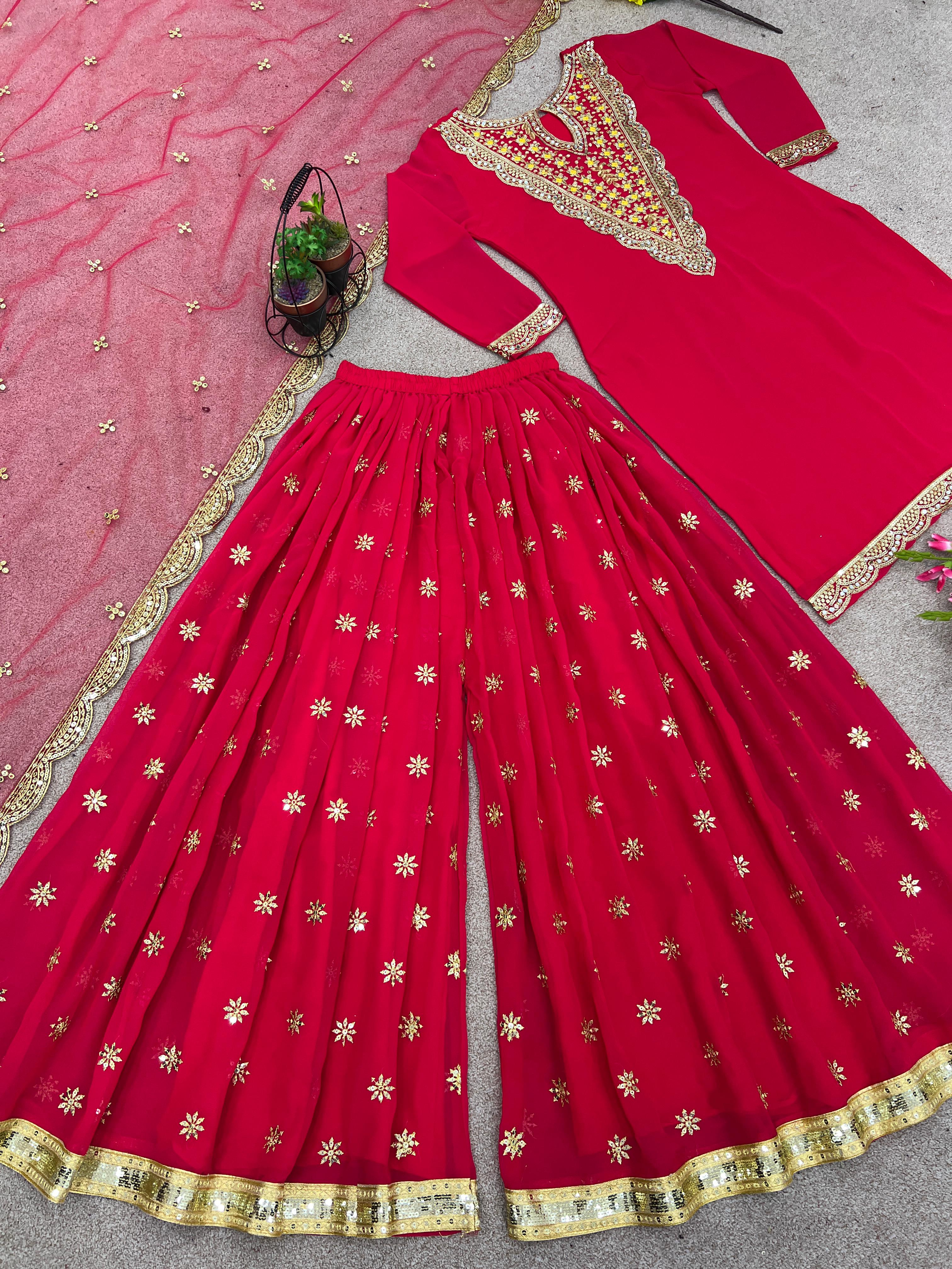 Fantastic Dark Pink Color Embroidery Work Sharara Suit