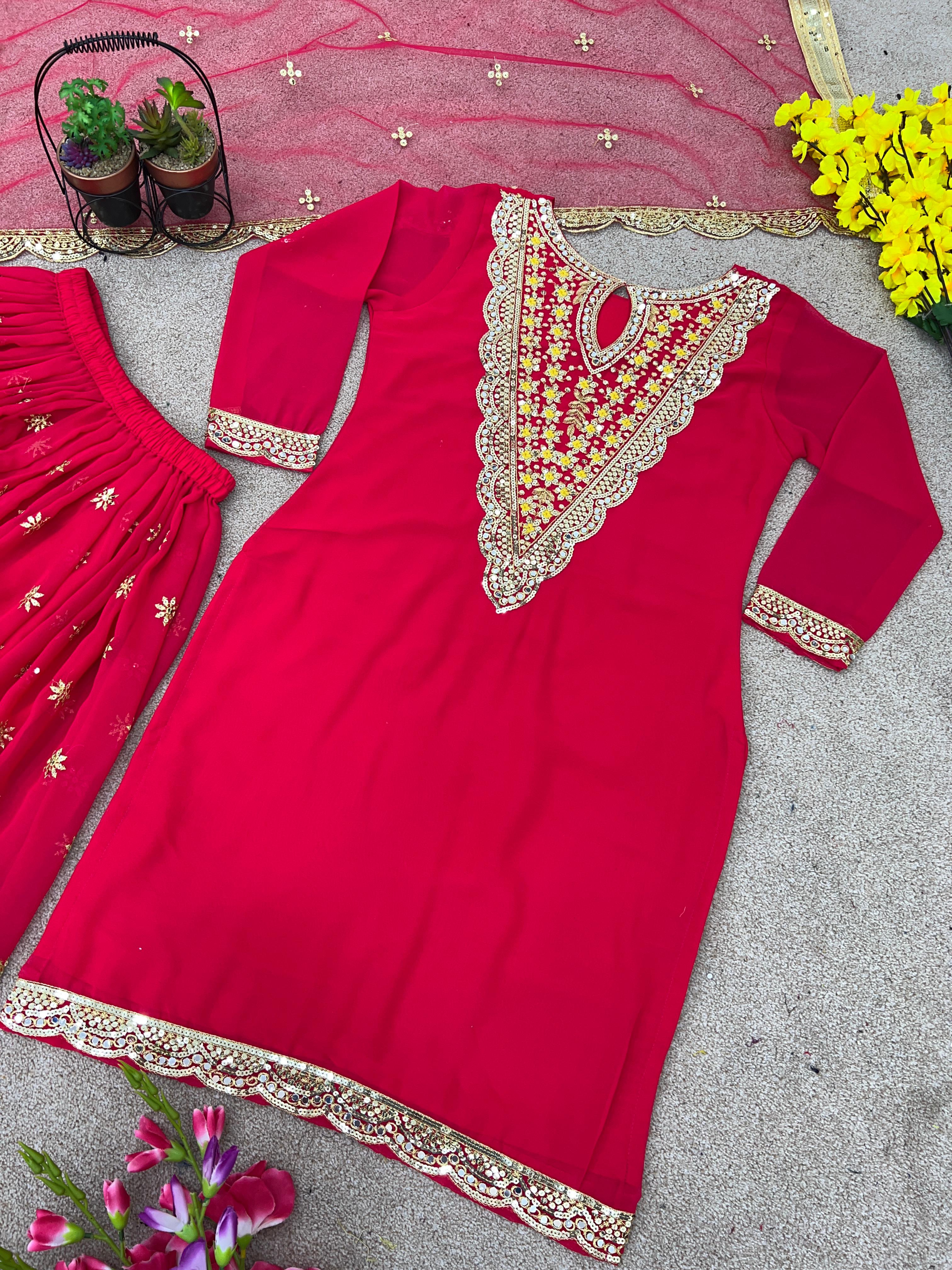 Fantastic Dark Pink Color Embroidery Work Sharara Suit