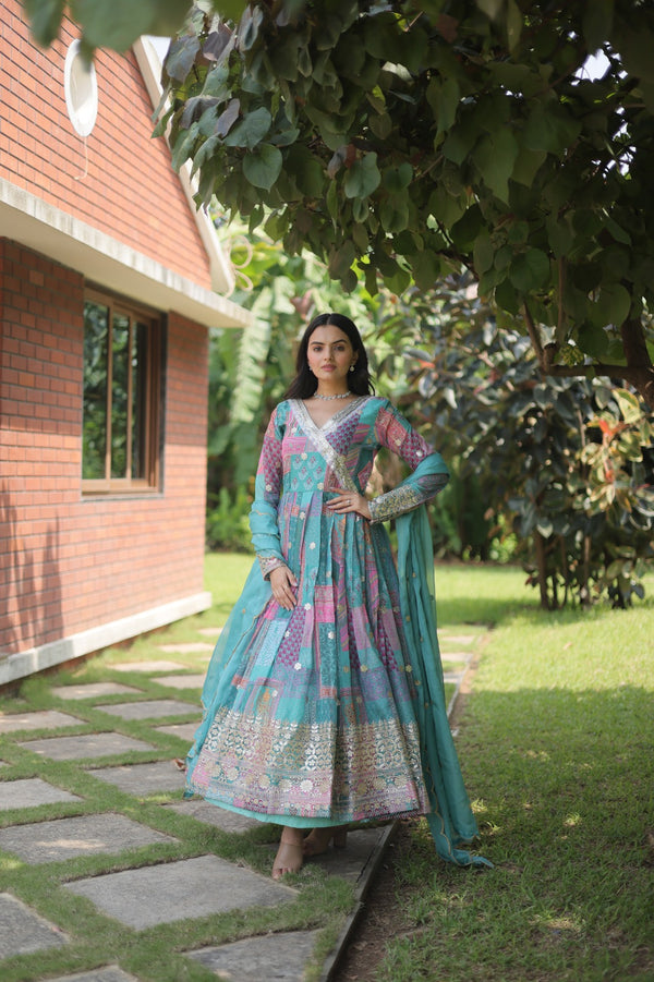 Stylish Aqua Blue Color Embroidery Work Print Gown