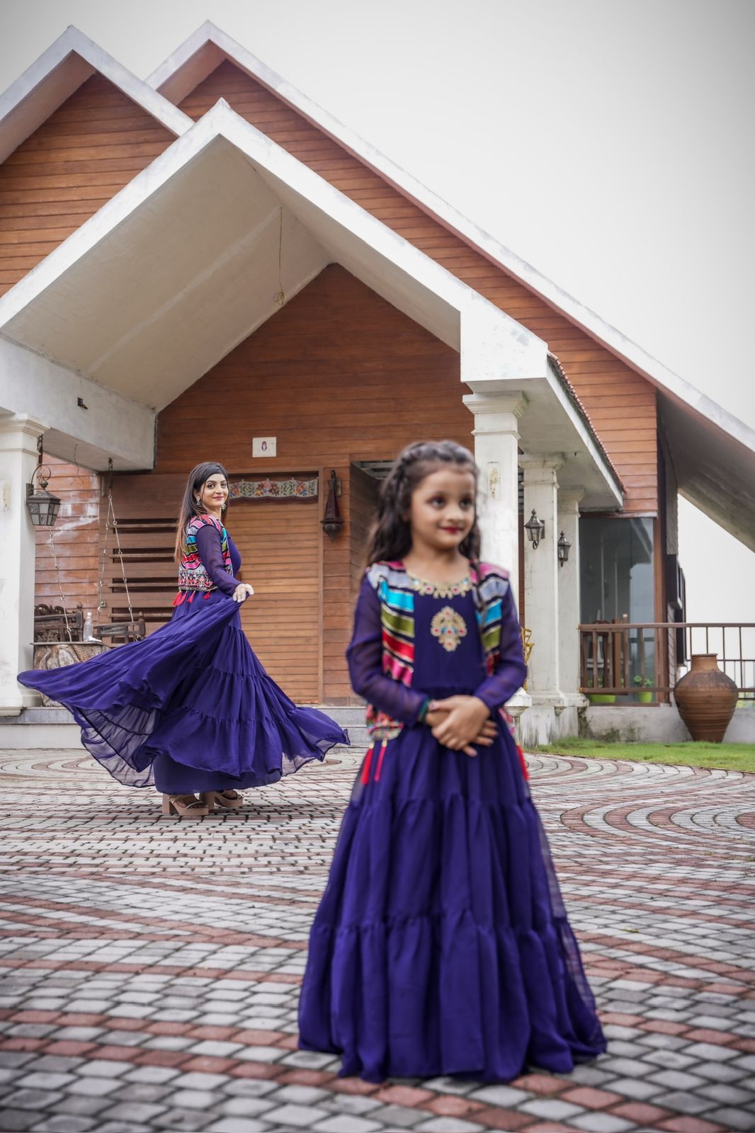 Occasion Wear Mother Daughter Blue Color Gown With Koti