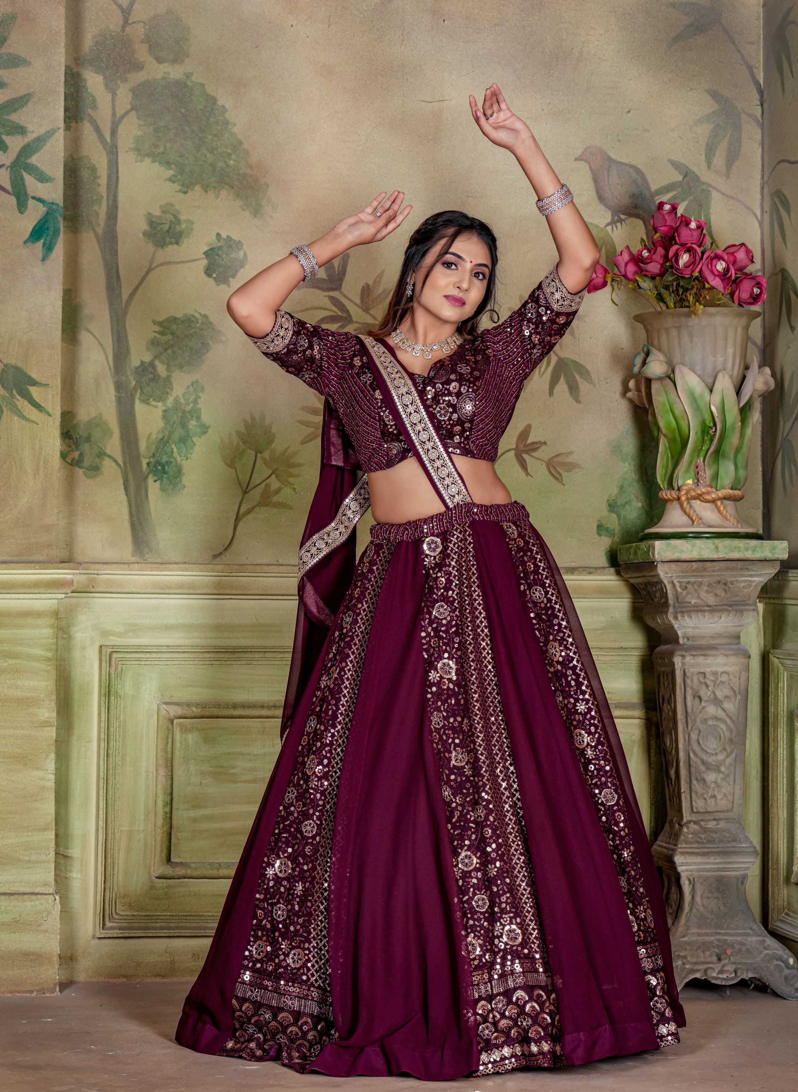 Bridal Wear Wine Color Sequence Work Lehenga Choli