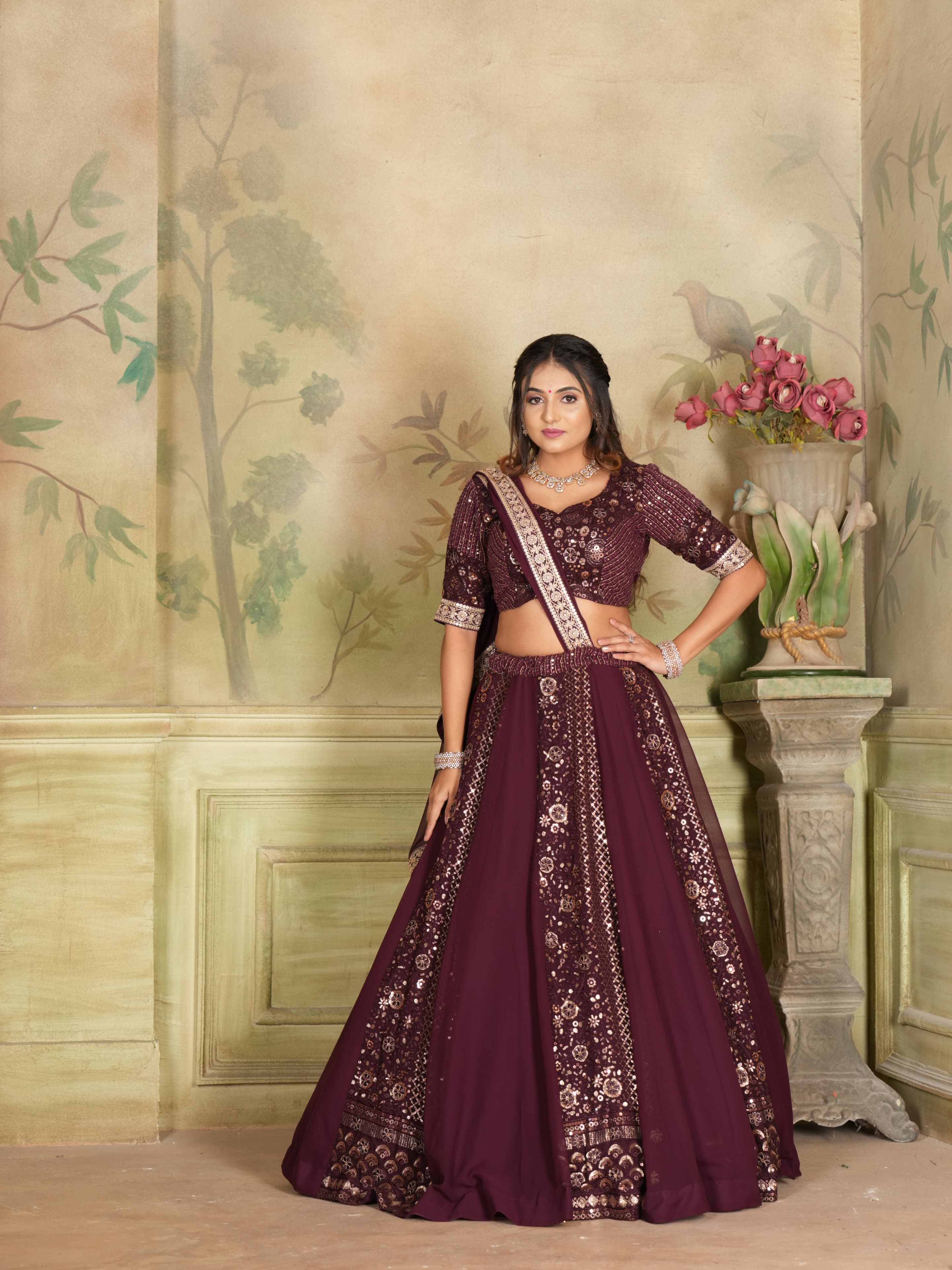 Bridal Wear Wine Color Sequence Work Lehenga Choli