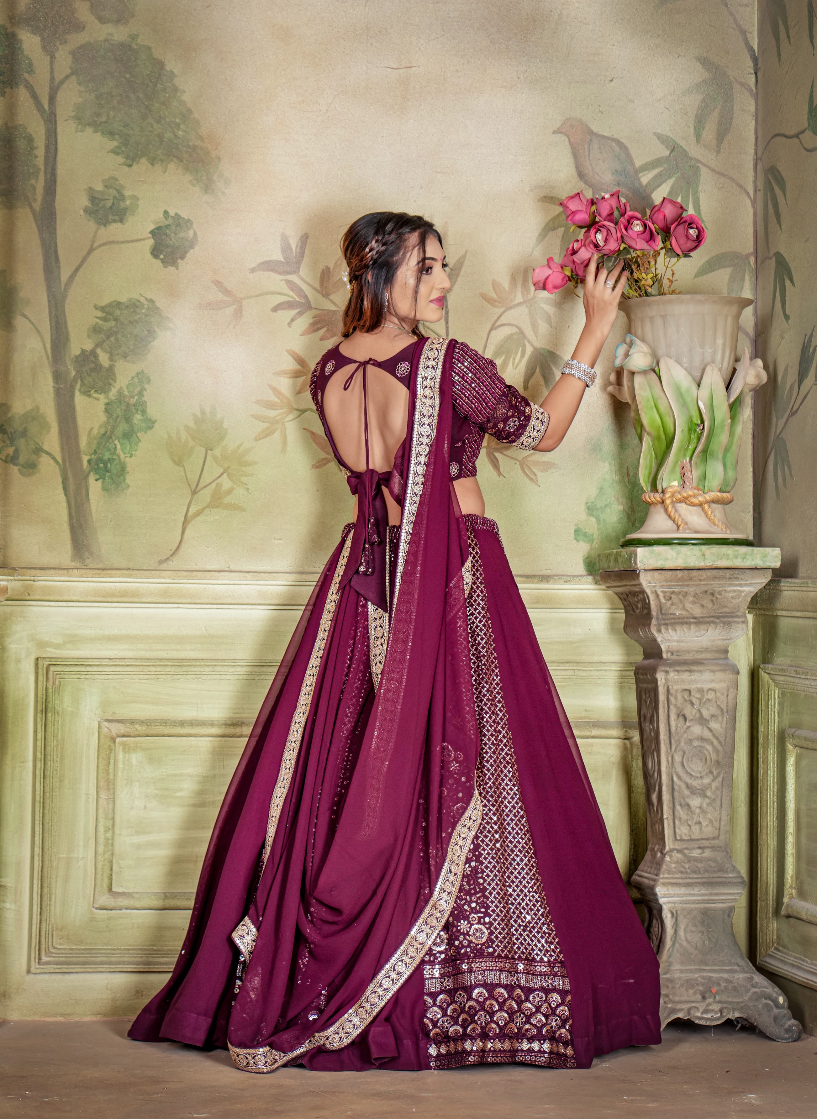 Bridal Wear Wine Color Sequence Work Lehenga Choli