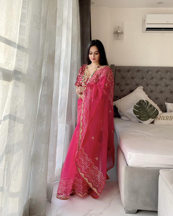 Beautiful Pink Color Thread Work Organza Saree