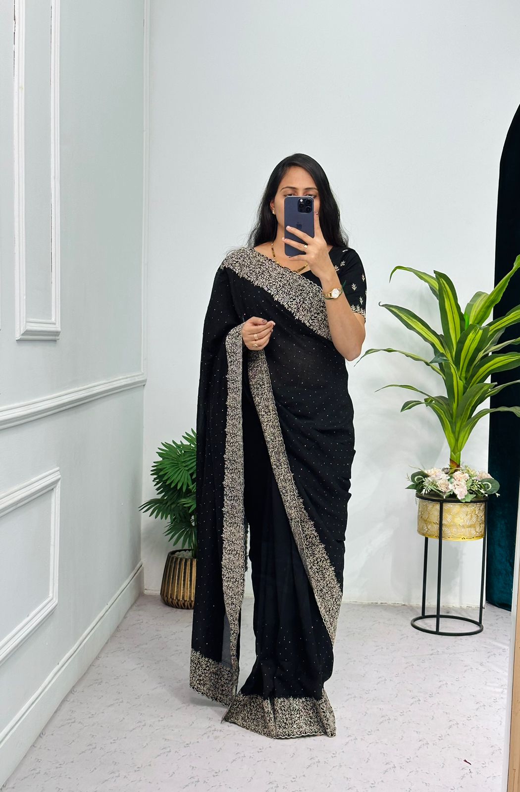 Superhit Diamond Embroidery Work Black Color Saree