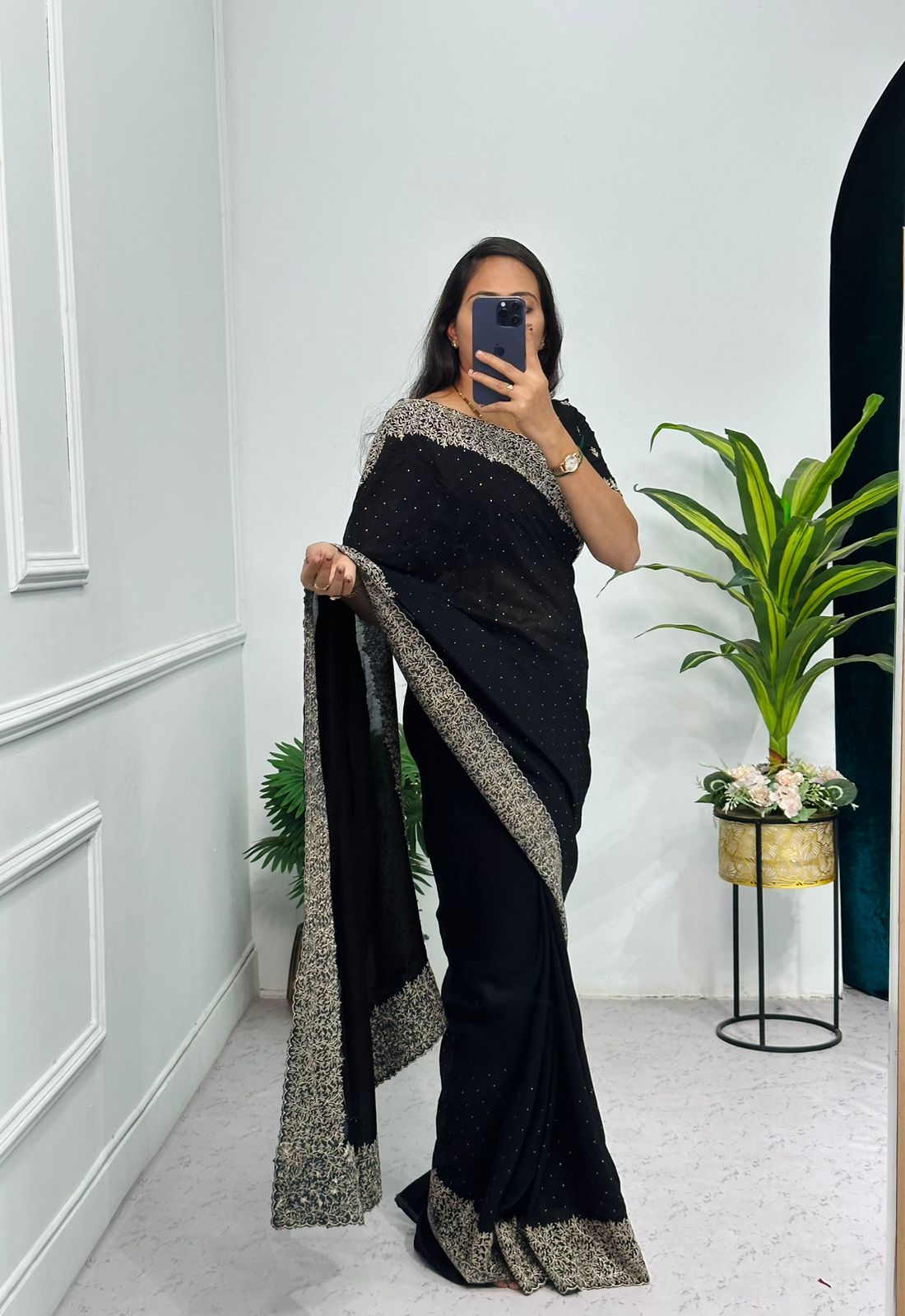Superhit Diamond Embroidery Work Black Color Saree