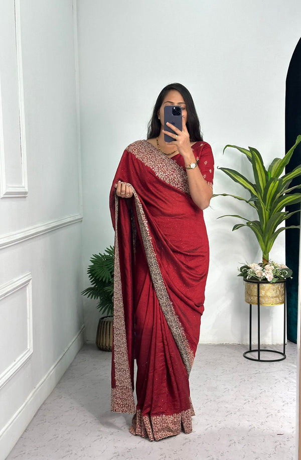 Superhit Diamond Embroidery Work Maroon Color Saree