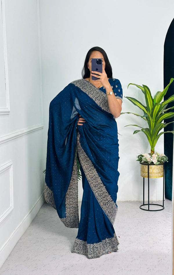 Superhit Diamond Embroidery Work Teal Blue Color Saree