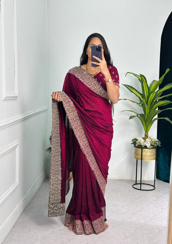Superhit Diamond Embroidery Work Wine Color Saree