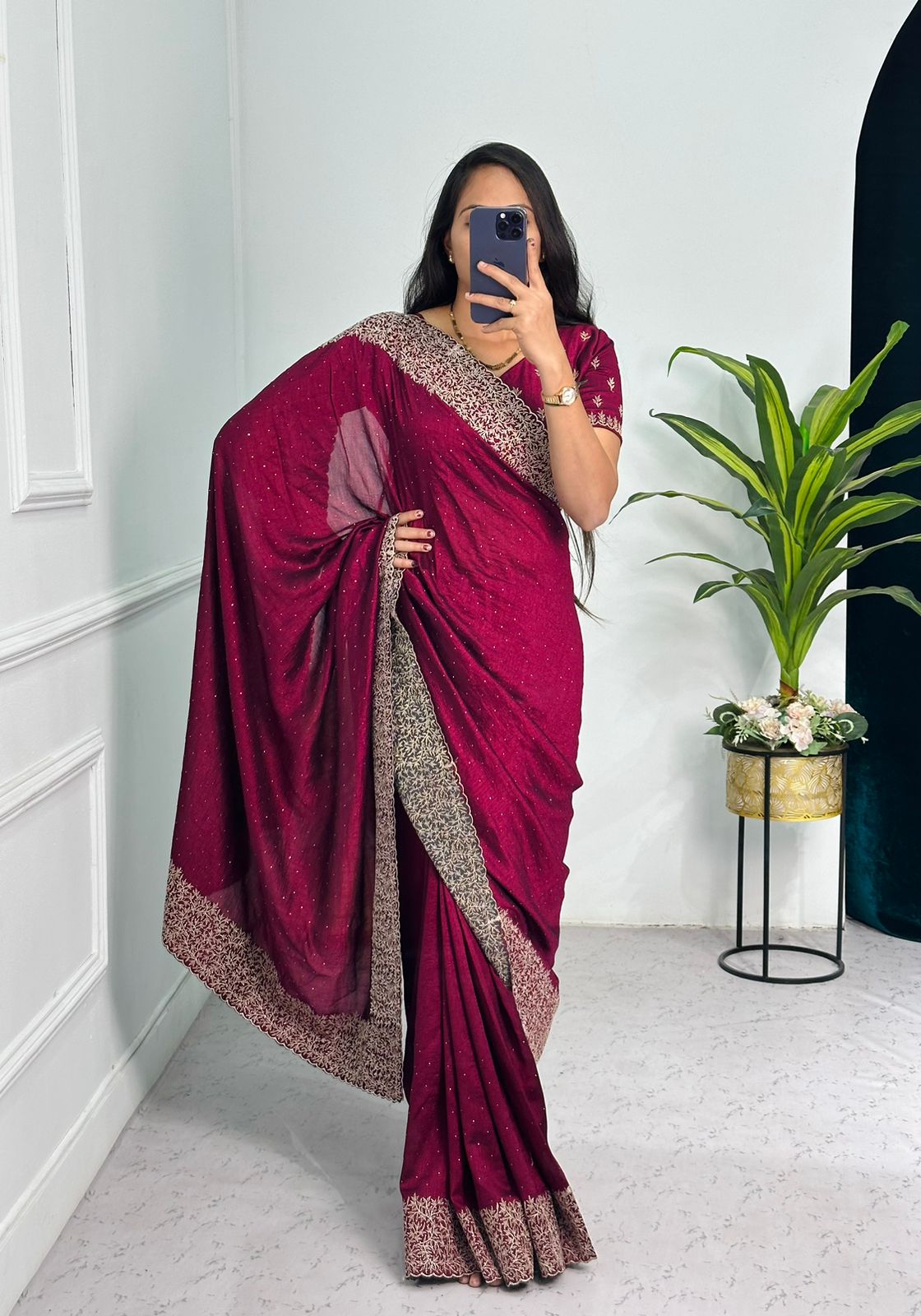 Superhit Diamond Embroidery Work Wine Color Saree
