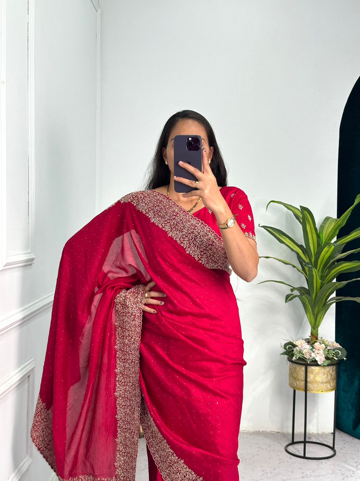 Superhit Diamond Embroidery Work Red Color Saree