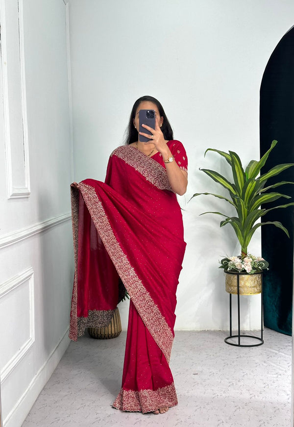 Superhit Diamond Embroidery Work Red Color Saree